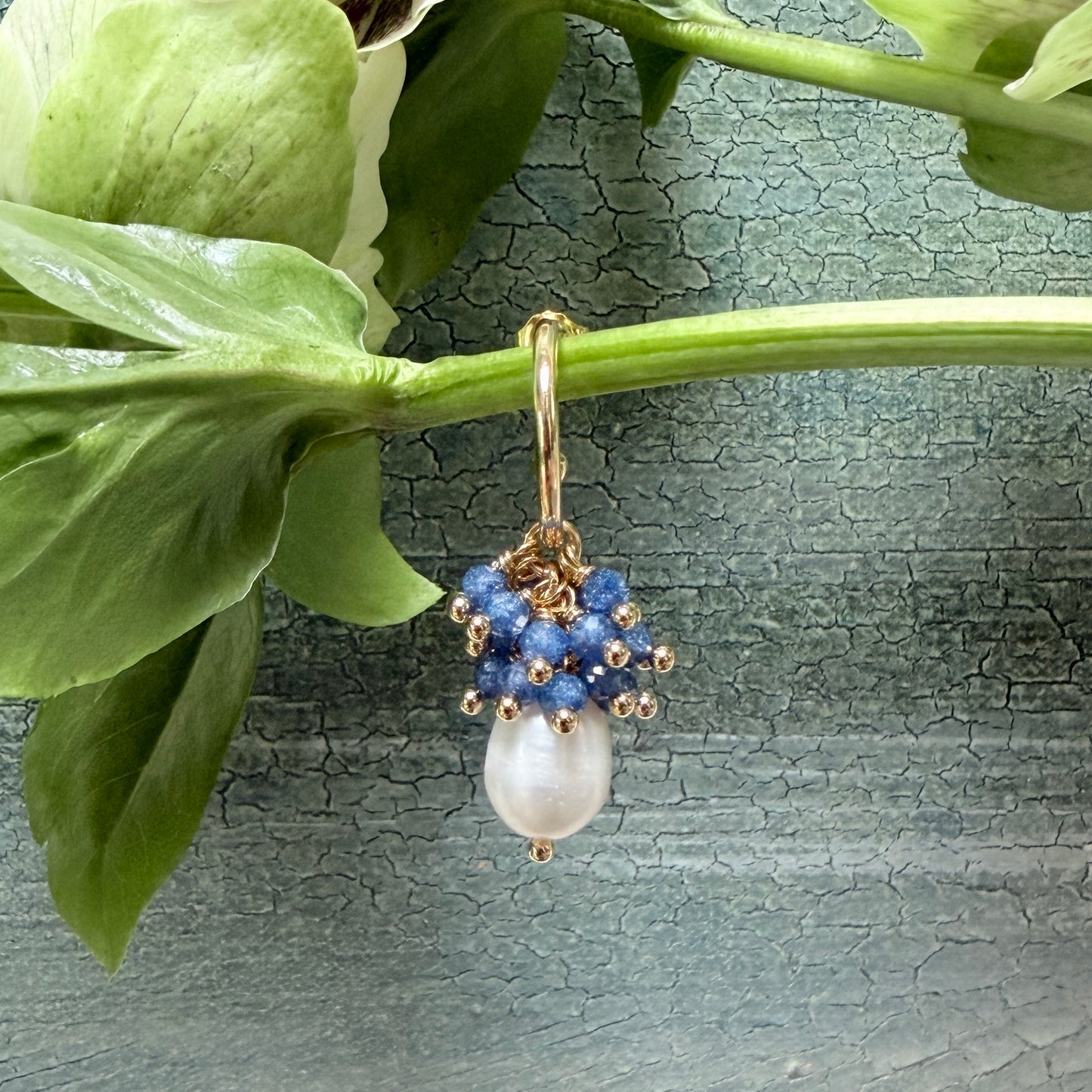 Mini Hoop Earrings With Ibiza Pearl & Royal Blue Azurite Drops