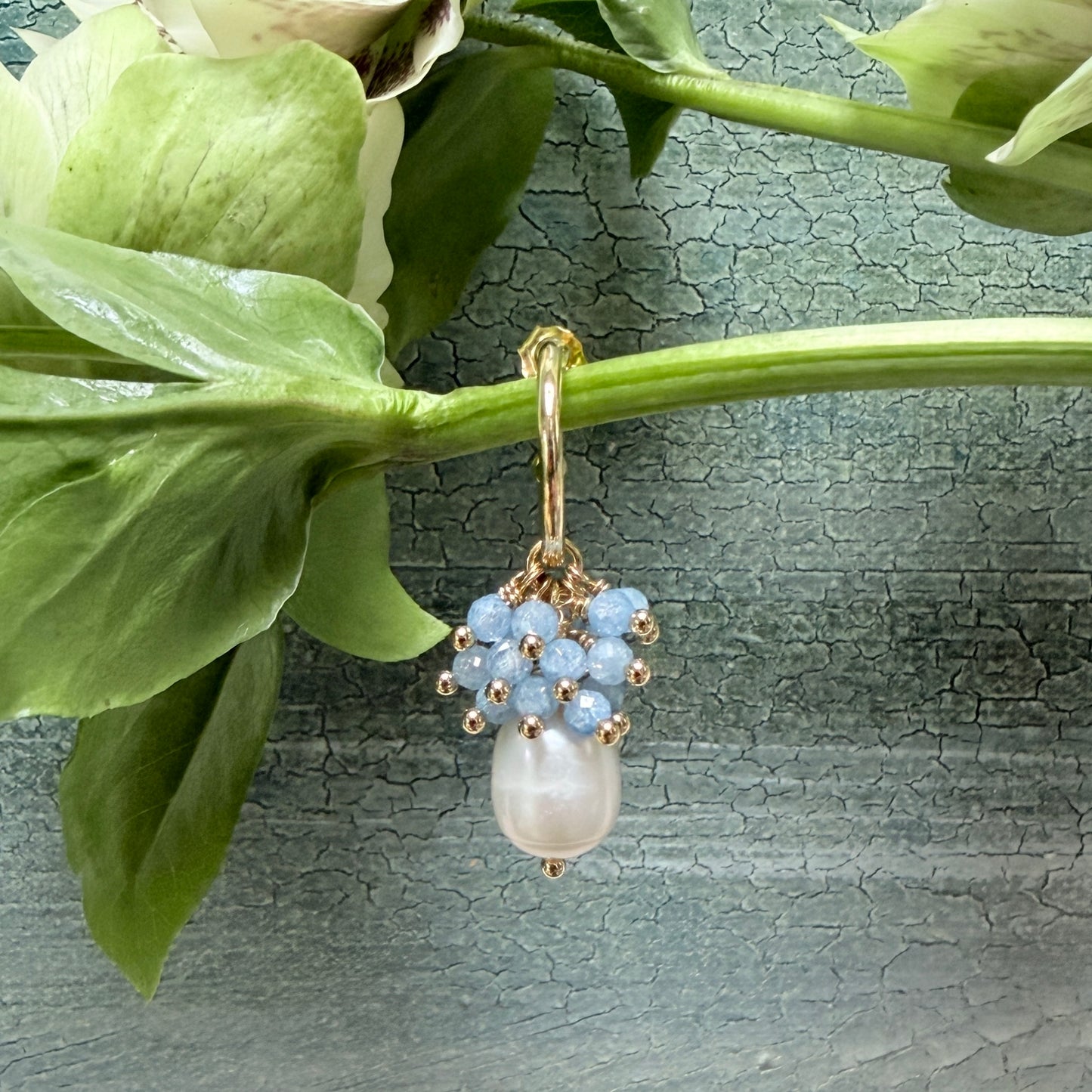 Mini Hoop Earrings With Ibiza Pearl & Pale Cornflower Blue Kyanite Drops