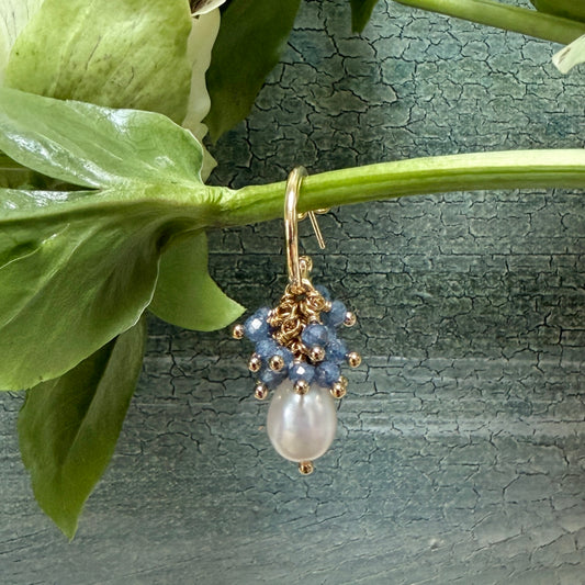 Mini Hoop Earrings With Ibiza Pearl & Airforce Blue Quartz Drops
