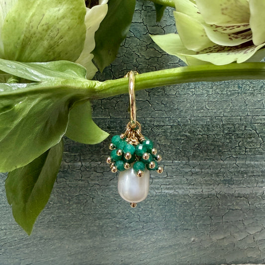 Mini Hoop Earrings With Ibiza Pearl & Mid Emerald Green Jade Drops