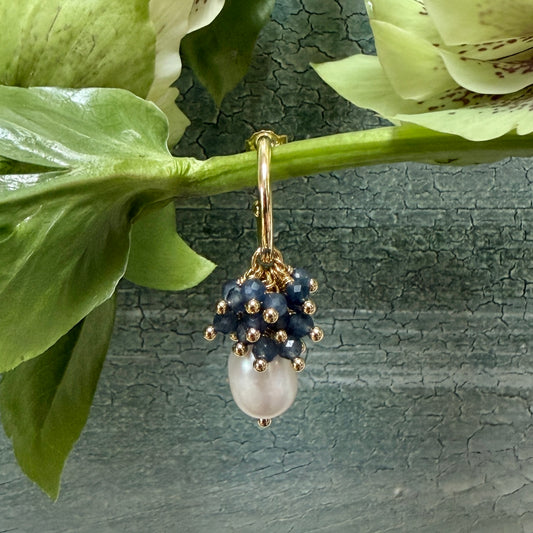 Mini Hoop Earrings With Ibiza Pearl & Dark Denim Blue Iolite Drops