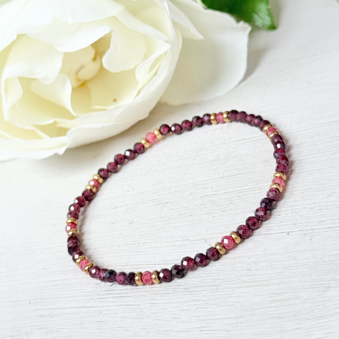 Burgundy Garnet & Pink Garnet Double Gold Nugget Stretchy Gemstone Bracelet