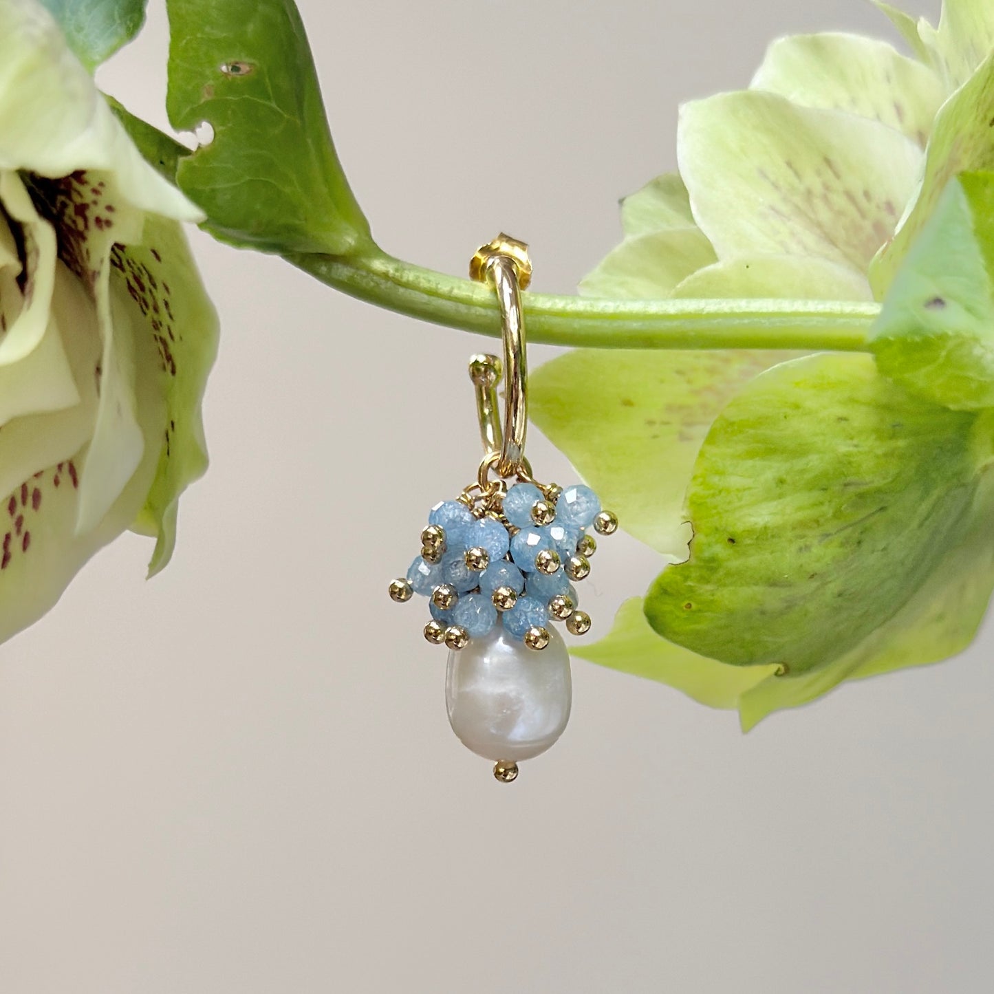 Mini Hoop Earrings With Ibiza Pearl & Pale Cornflower Blue Kyanite Drops