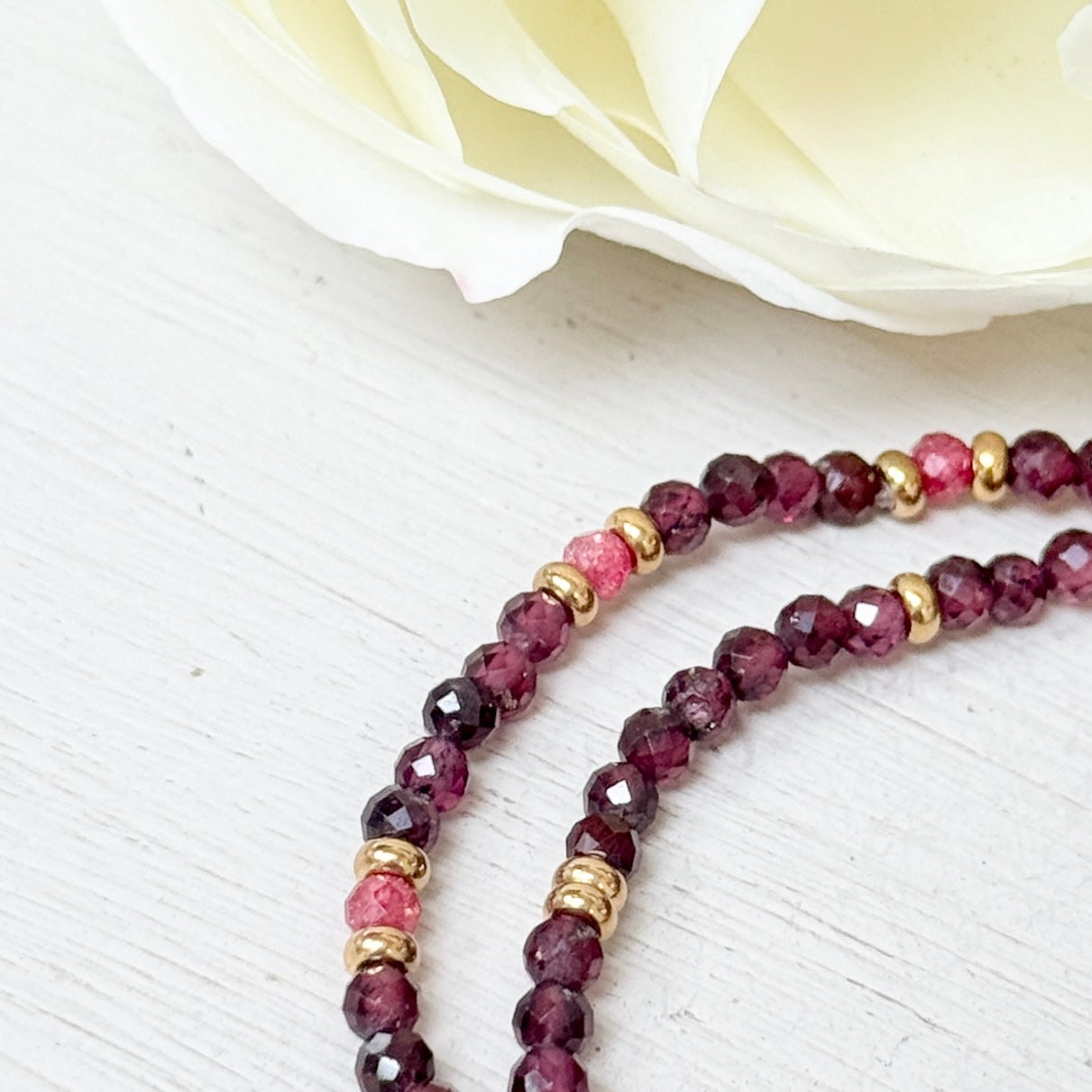 Burgundy Garnet & Pink Garnet Double Gold Nugget Stretchy Gemstone Bracelet