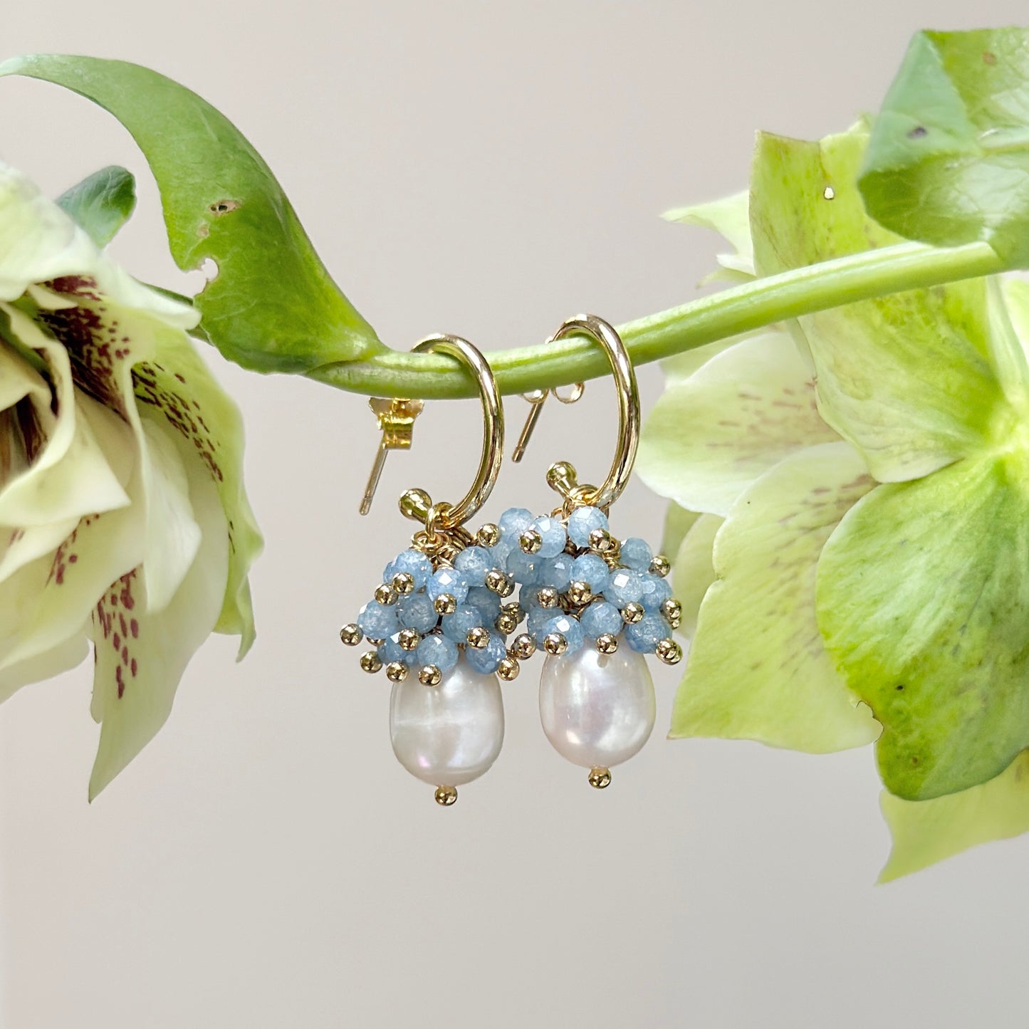 Mini Hoop Earrings With Ibiza Pearl & Pale Cornflower Blue Kyanite Drops