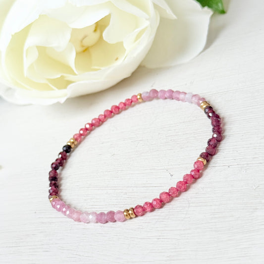 Burgundy Garnet & Pink Tourmaline Ombré & Gold Nugget Stretchy Gemstone Bracelet