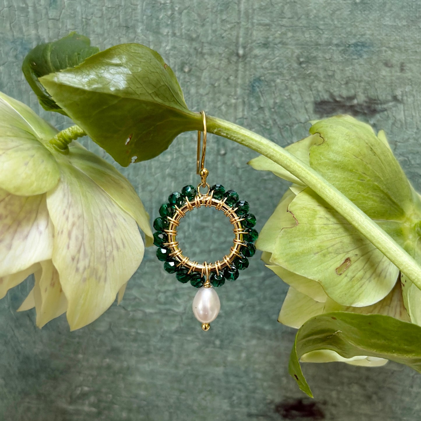 Emerald Green Jade Mini Round With Pearl Drop Beaded Earrings
