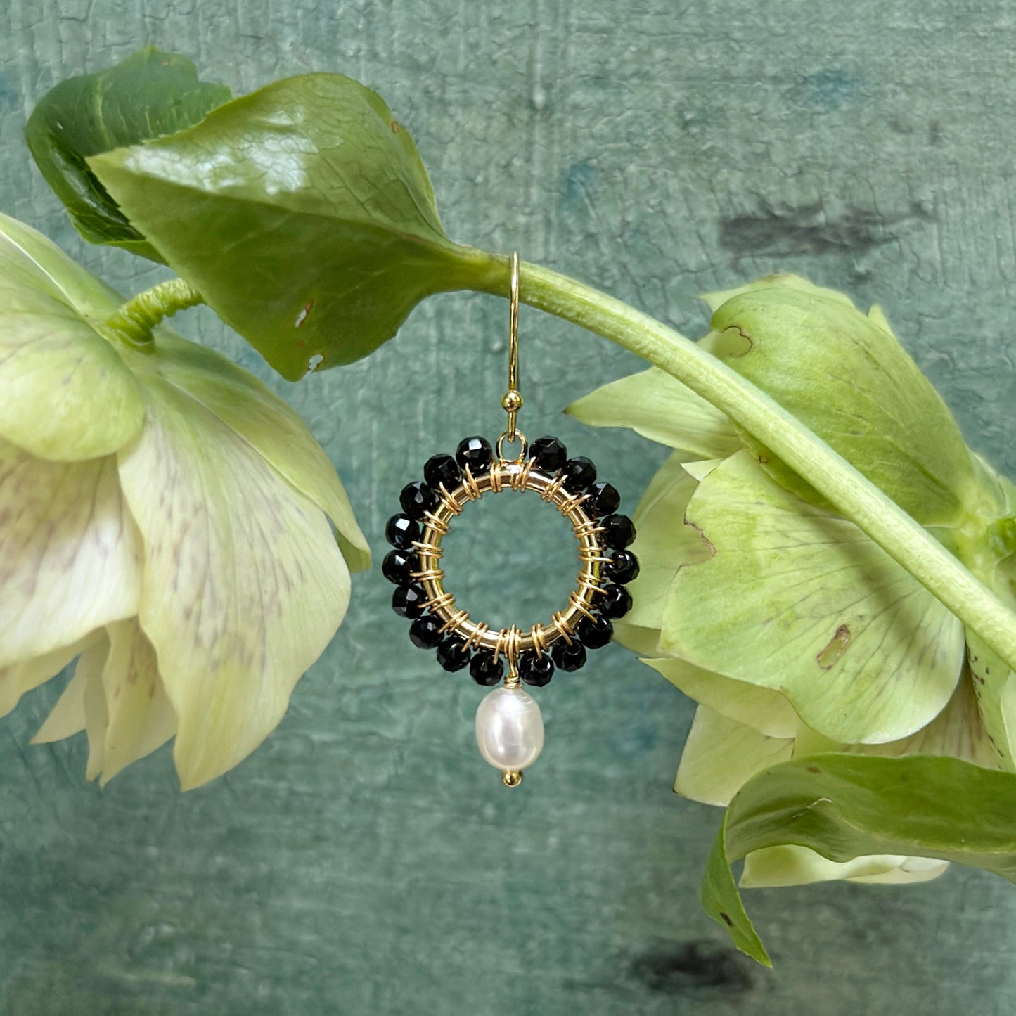 Black Onyx Mini Round With Pearl Drop Beaded Earrings