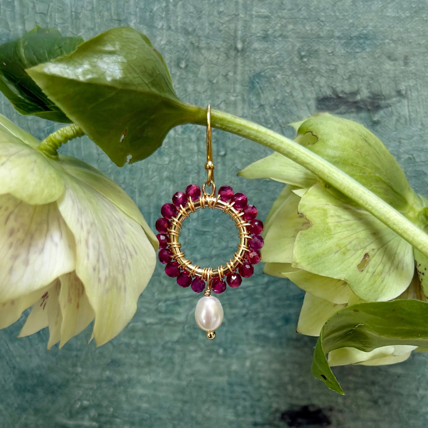 Fuchsia Pink Garnet Mini Round With Pearl Drop Beaded Earrings