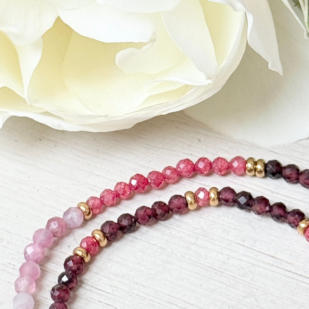 Burgundy Garnet & Pink Tourmaline Ombré & Gold Nugget Stretchy Gemstone Bracelet