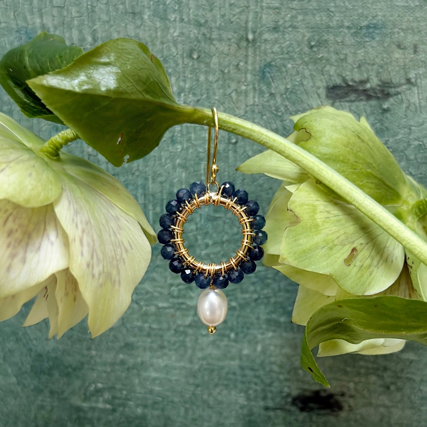 Dark Denim Blue Iolite Mini Round With Pearl Drop Beaded Earrings