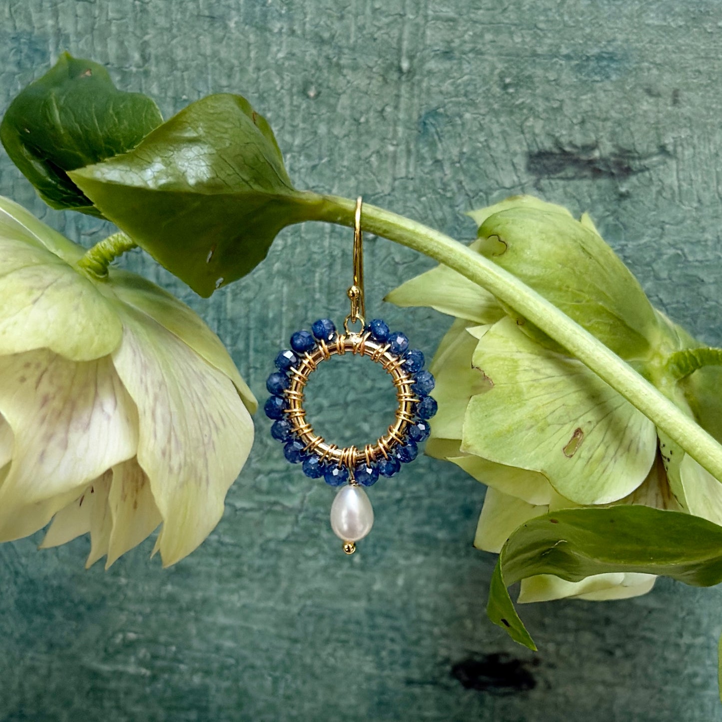Royal Blue Azurite Mini Round With Pearl Drop Beaded Earrings