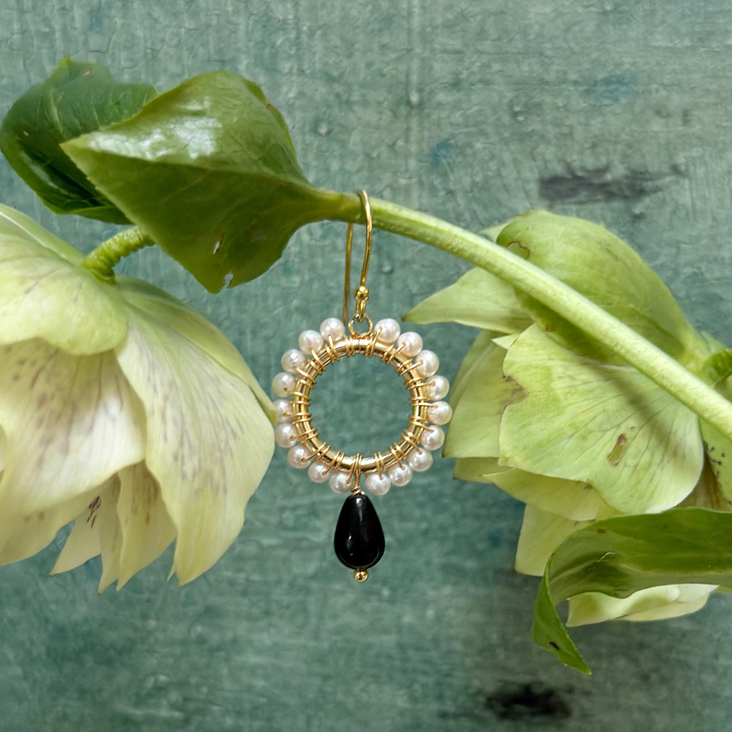 Pearl Mini Round With Black Onyx Drop Beaded Earrings