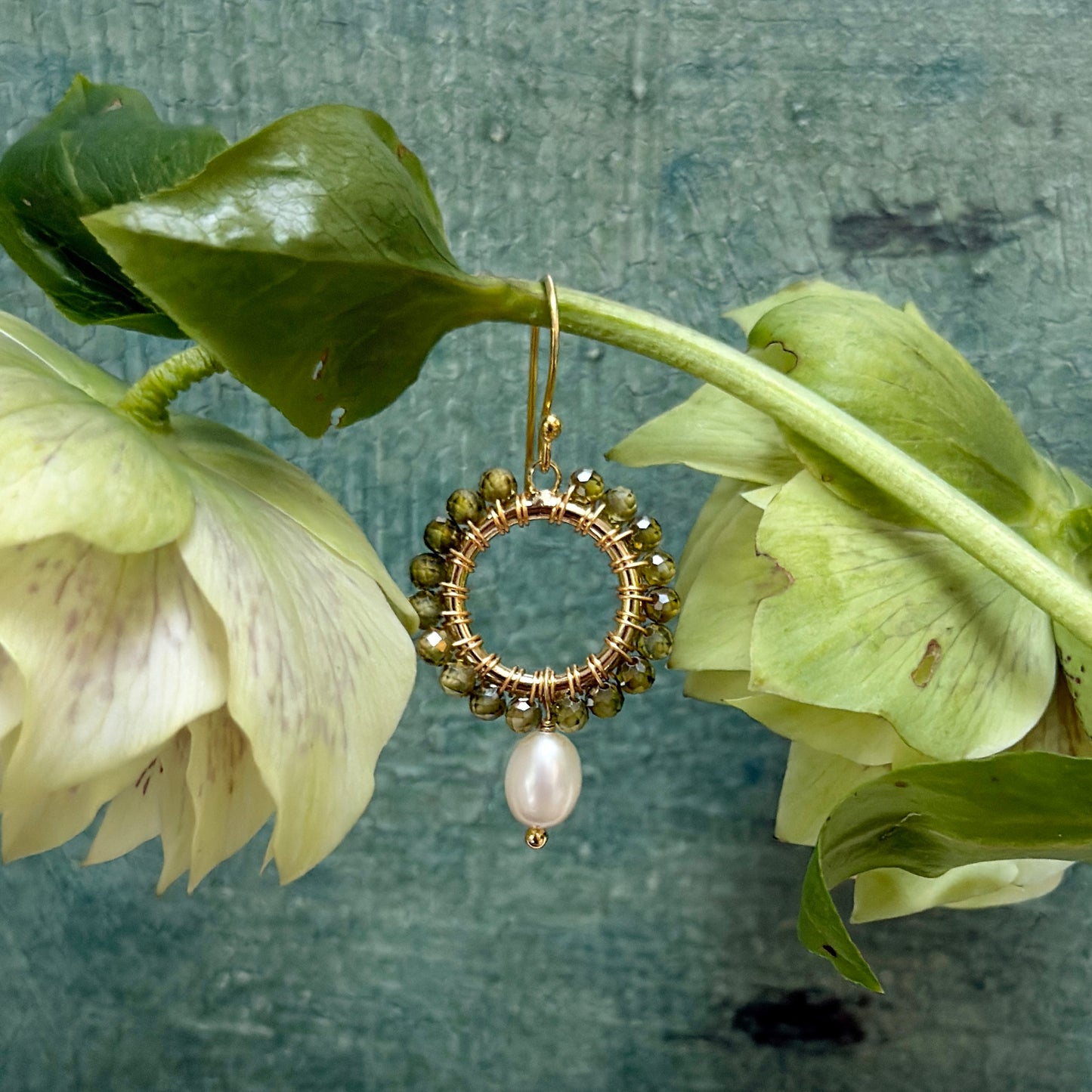 Olive Green Peridot Mini Round With Pearl Drop Beaded Earrings