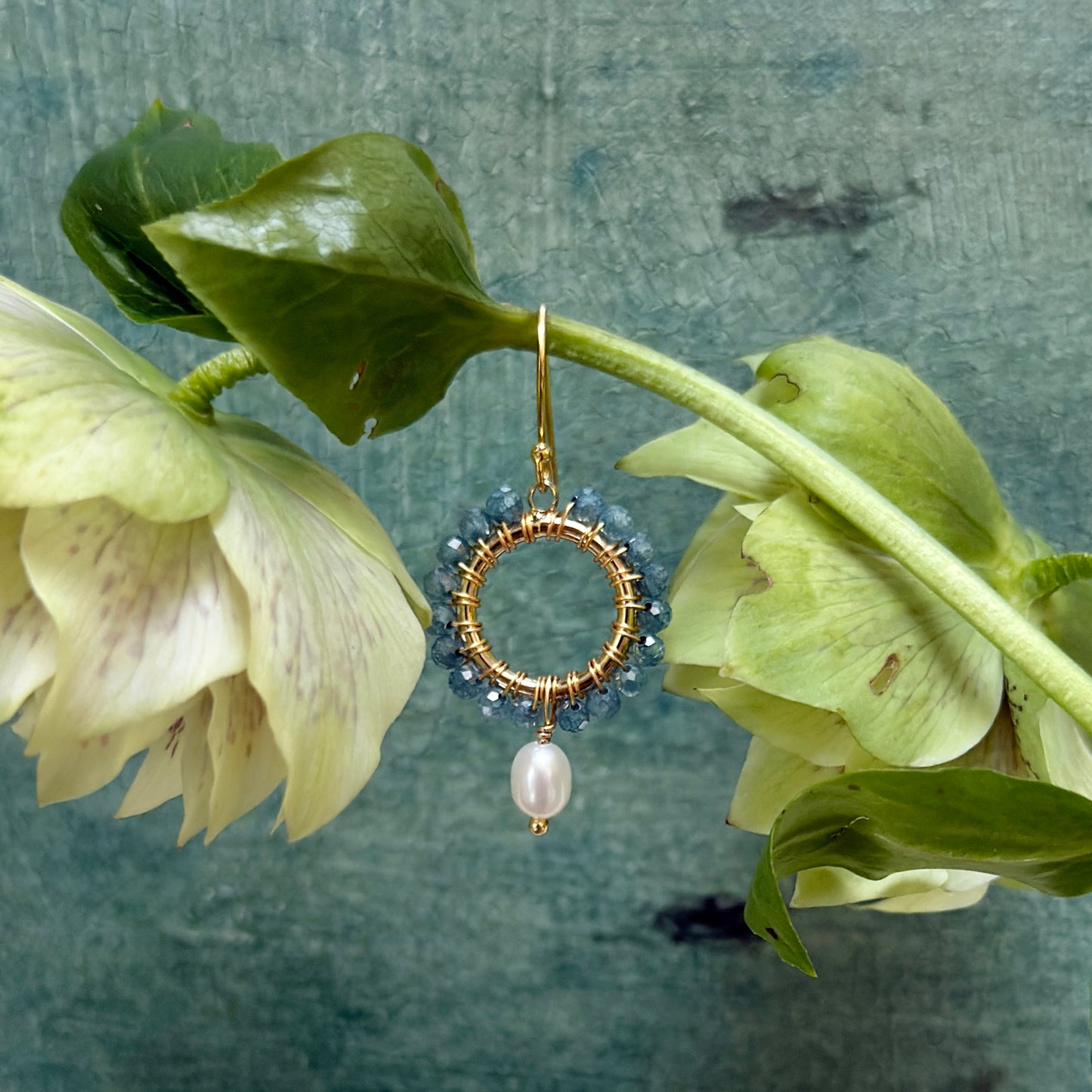 Pale Denim Blue Azurite Mini Round With Pearl Drop Beaded Earrings