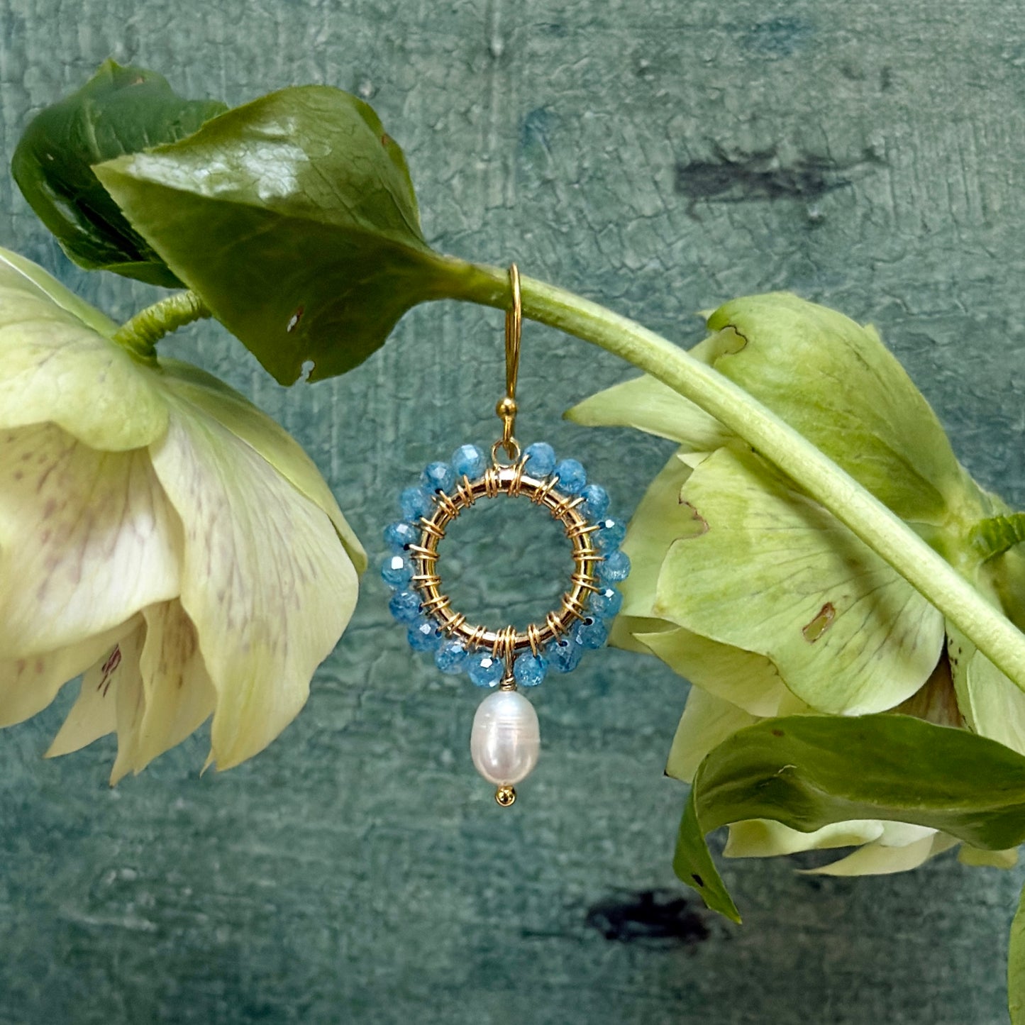 Dark Cornflower Blue Kyanite Mini Round With Pearl Drop Beaded Earrings