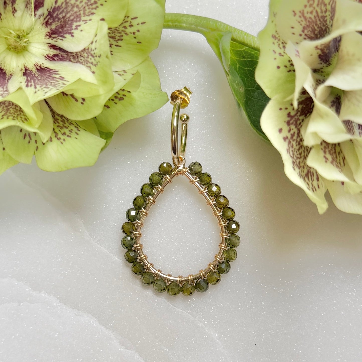 Chunky Olive Green Peridot Teardrop Earrings On Mini Hoops