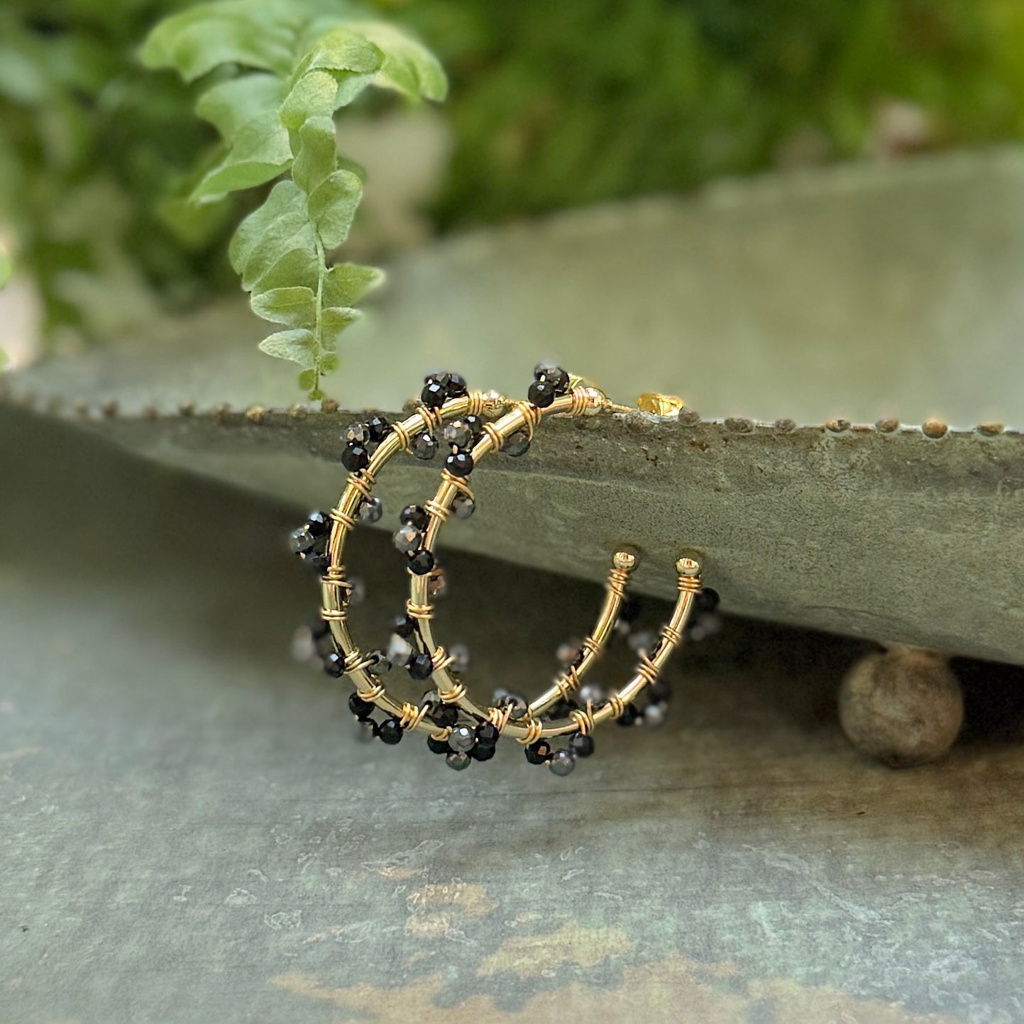 Black Onyx & Charcoal Hematite Swirl Midi Hoop Beaded Earrings