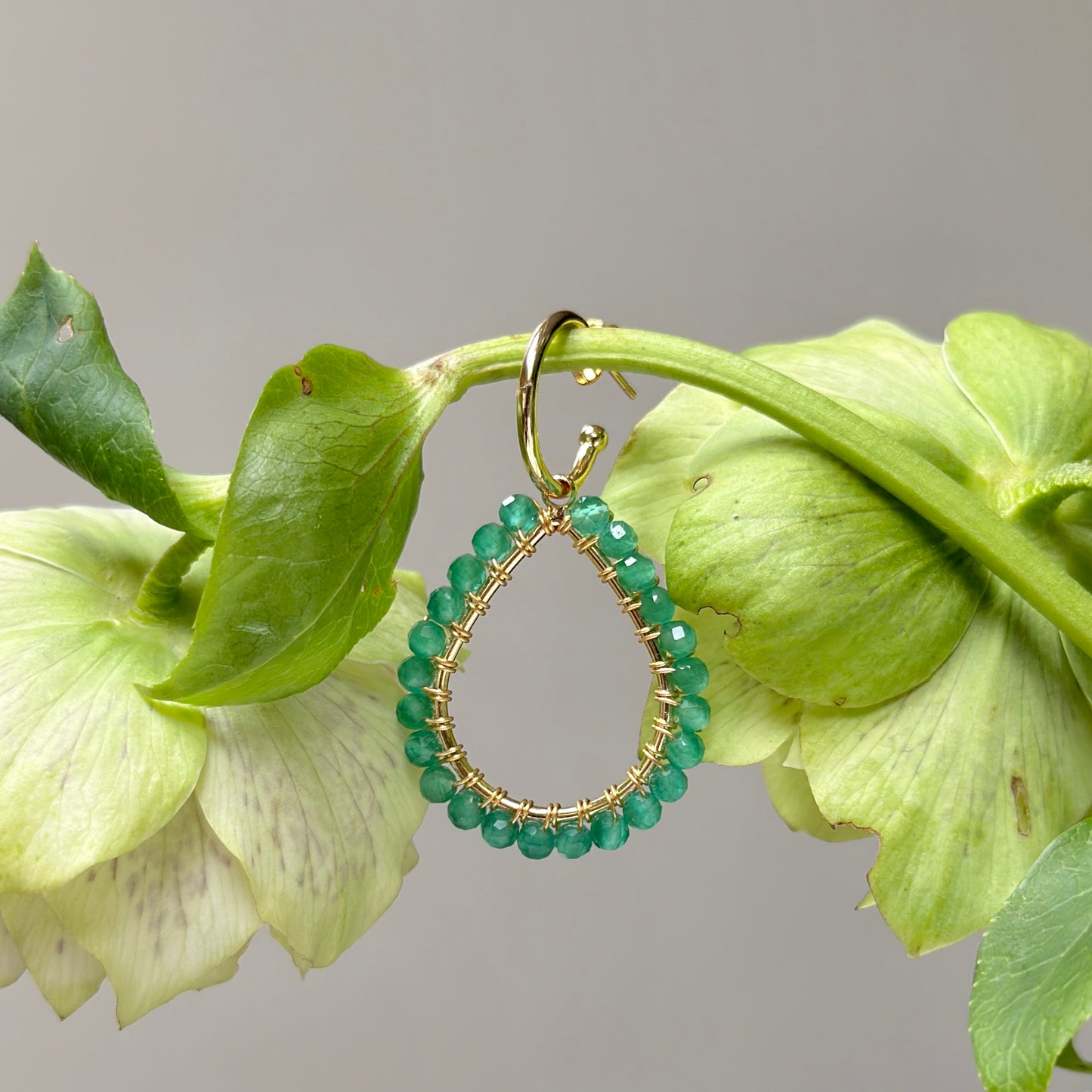 Chunky Apple Green Jade Teardrop Earrings On Mini Hoops