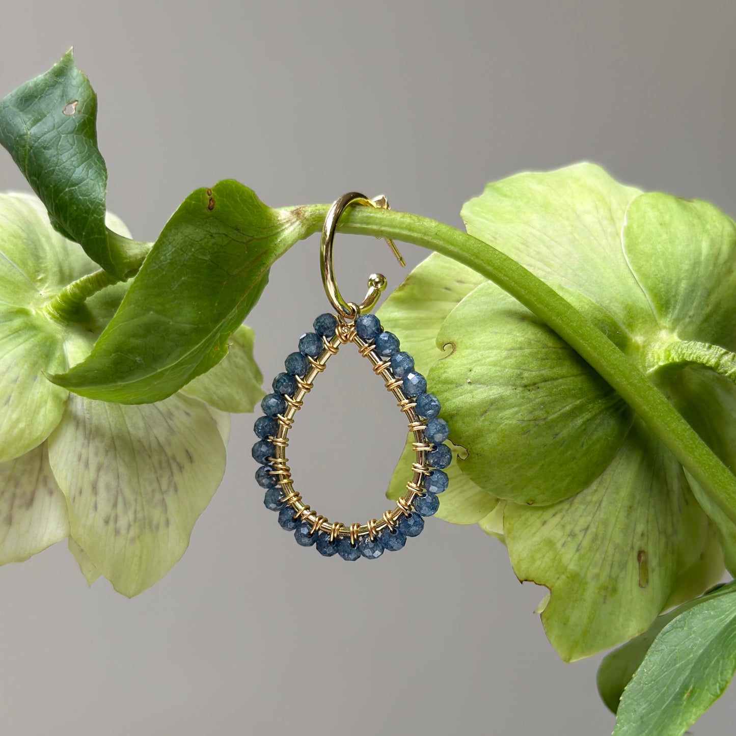 Airforce Blue Quartz Teardrop Earrings On Mini Hoops