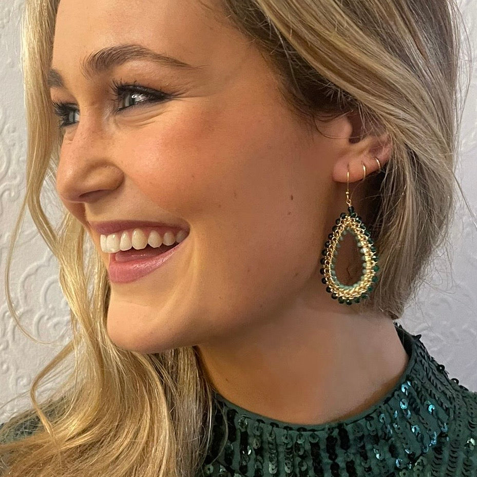 Apple Green Jade & Teal Quartz Large Rolo Teardrop Beaded Earrings