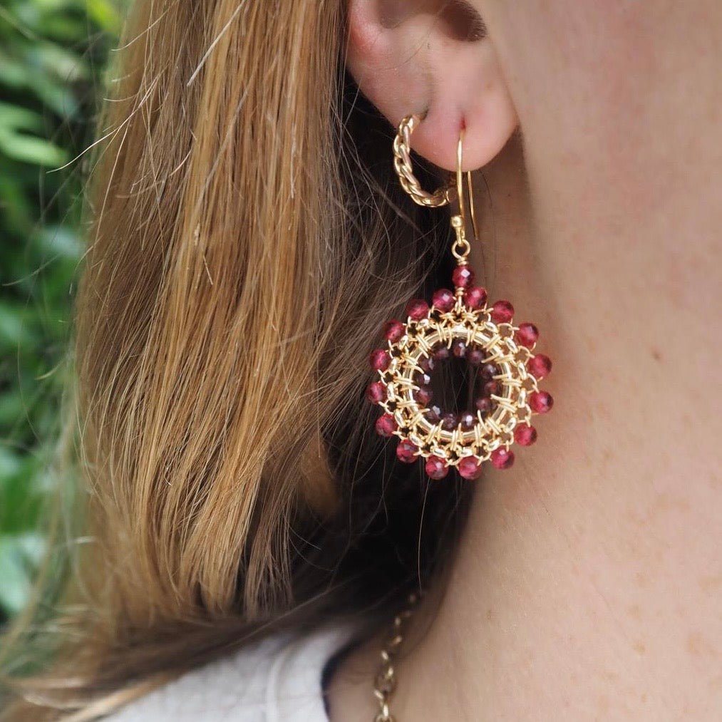 Fuchsia Pink Garnet & Burgundy Garnet Rolo Round Beaded Earrings