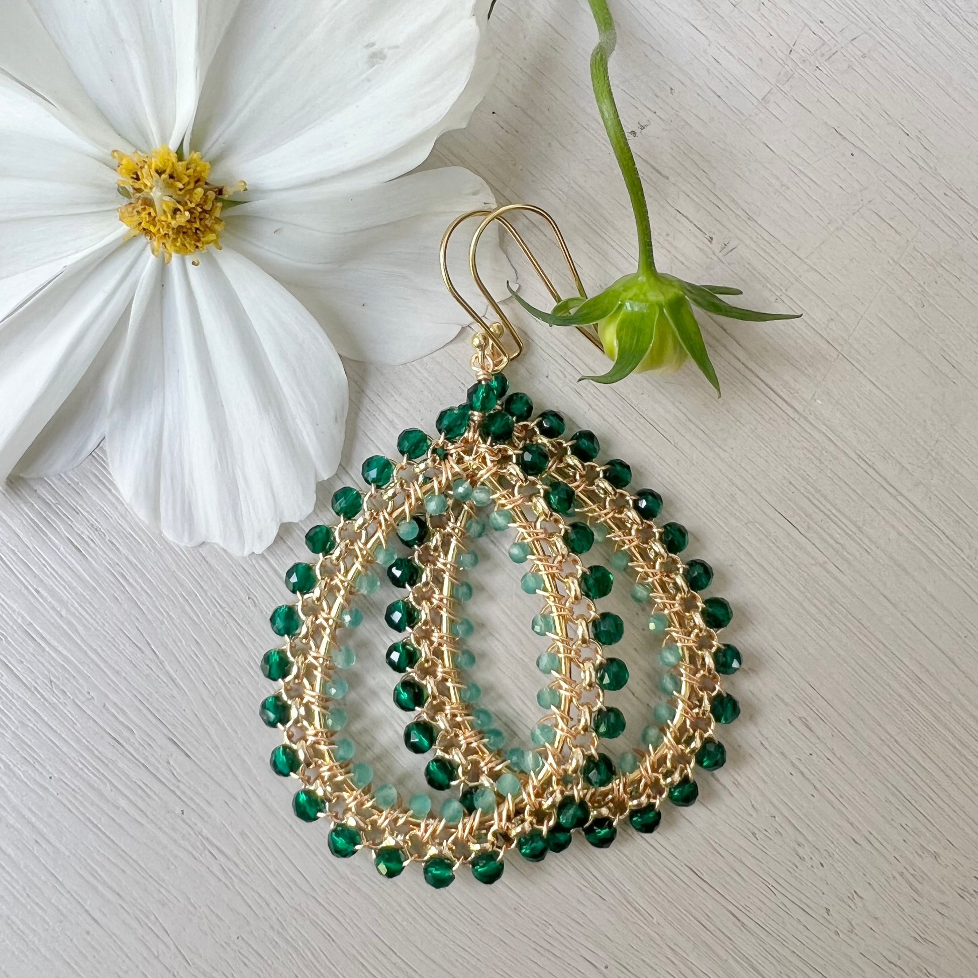 Emerald Green Jade Large Rolo Teardrop Beaded Earrings