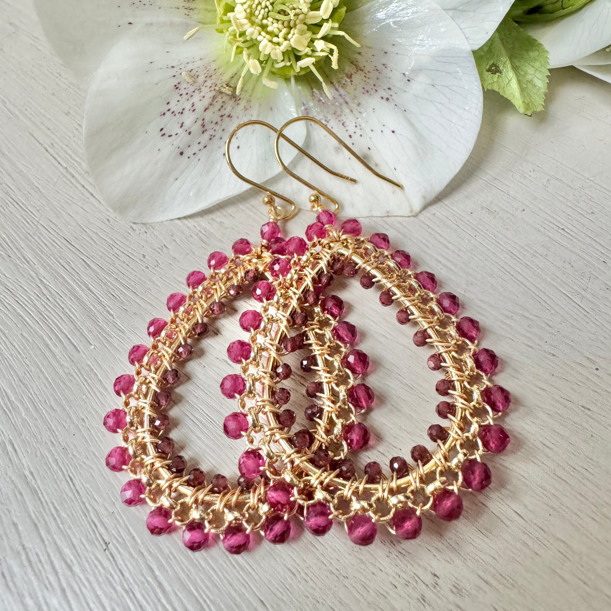Fuchsia Pink & Burgundy Garnet Large Rolo Teardrop Beaded Earrings
