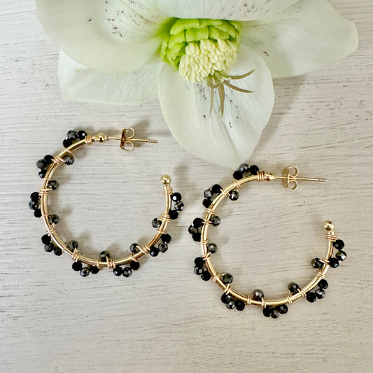 Black Onyx & Charcoal Hematite Swirl Midi Hoop Beaded Earrings