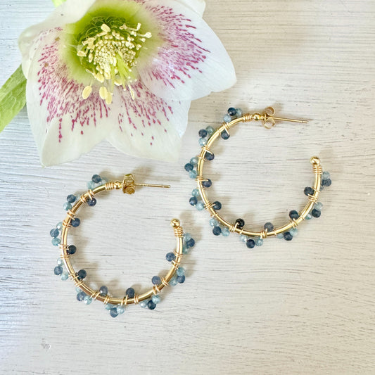 Denim Blue Iolite & Powder Blue Kyanite Swirl Midi Hoop Beaded Earrings