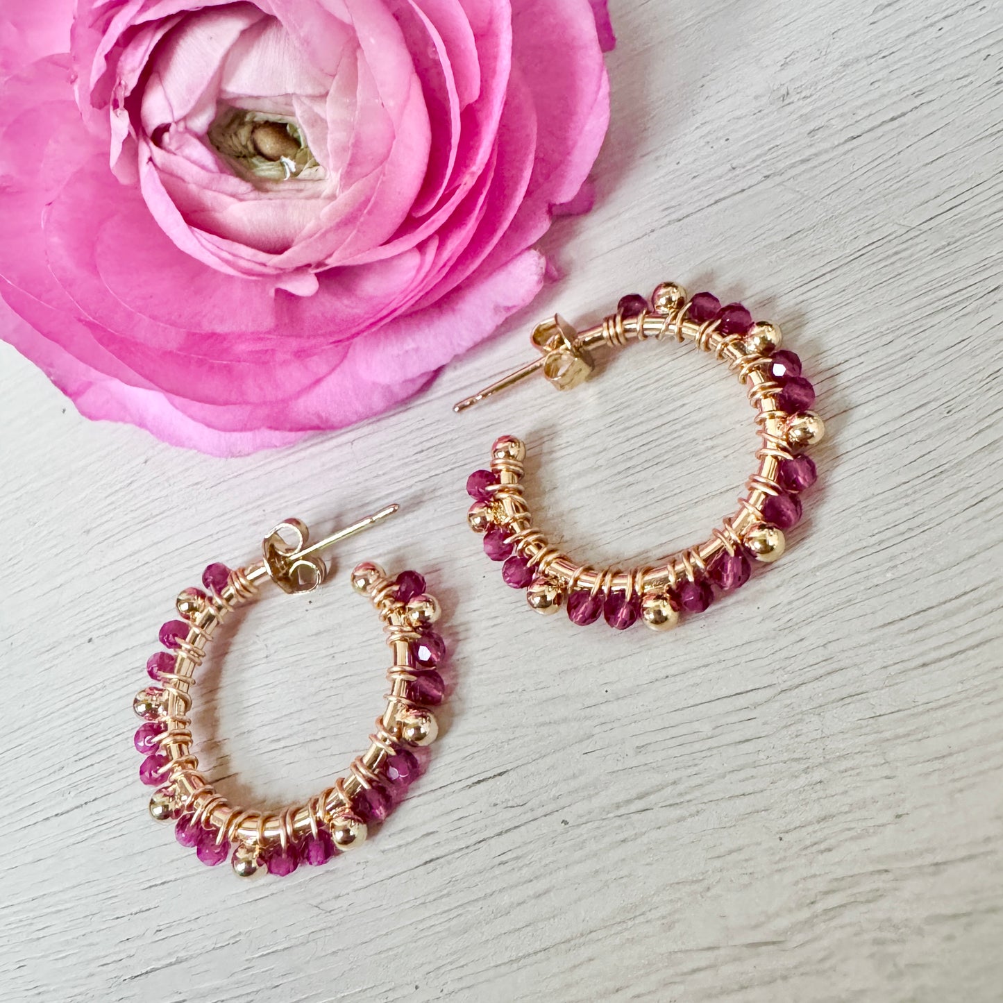 Fuchsia Pink Garnet Mini Bobble Hoop Beaded Earrings