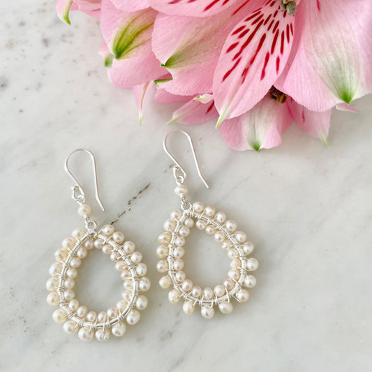 Freshwater Pearl Double Beaded Peardrop Earrings (Silver)