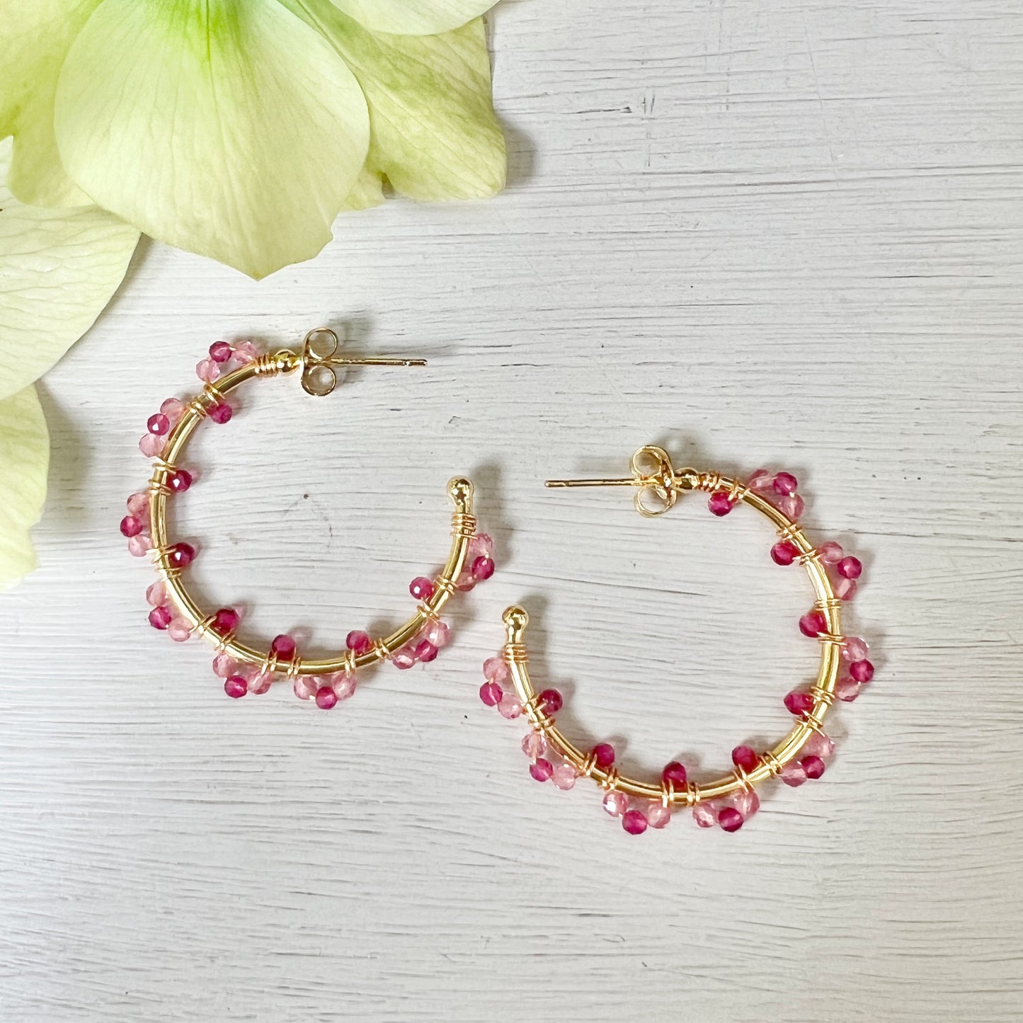 Fuchsia Pink Garnet Swirl Midi Hoop Beaded Earrings