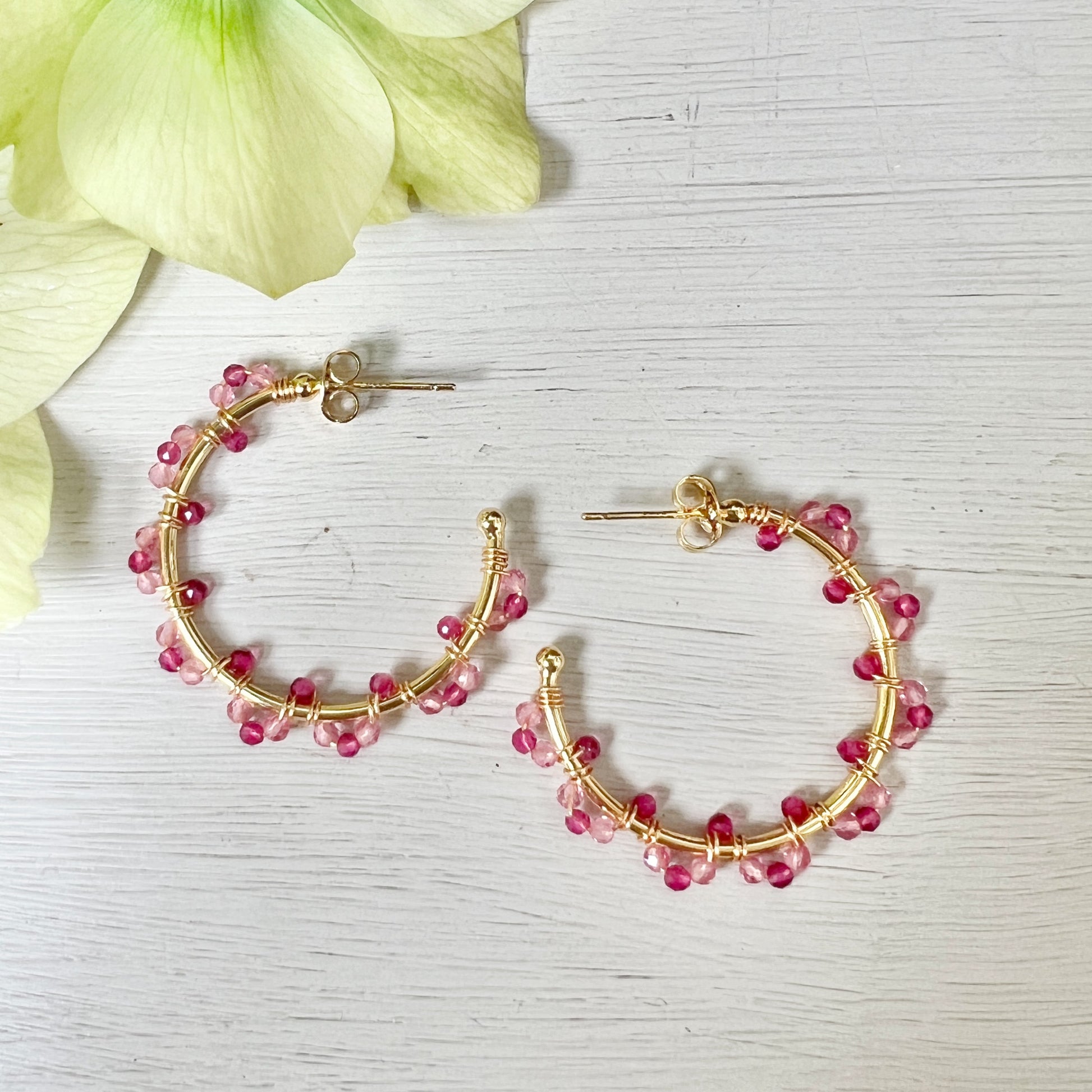 Fuchsia Pink Garnet Swirl Midi Hoop Beaded Earrings