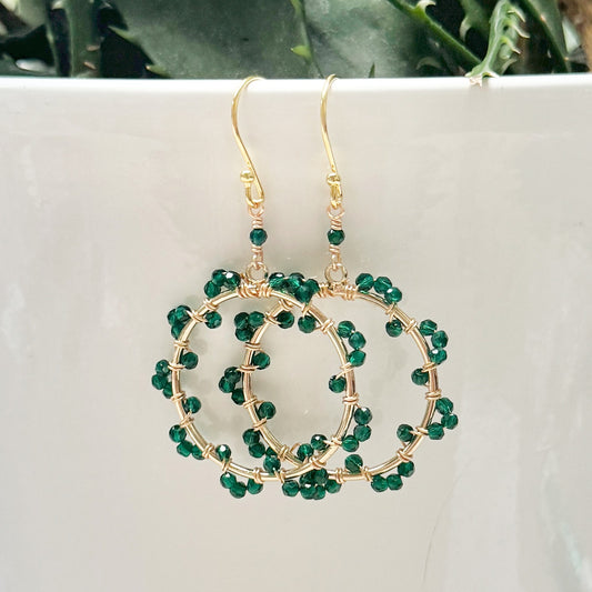 Emerald Green Jade Wrapped Daisy Round Earrings