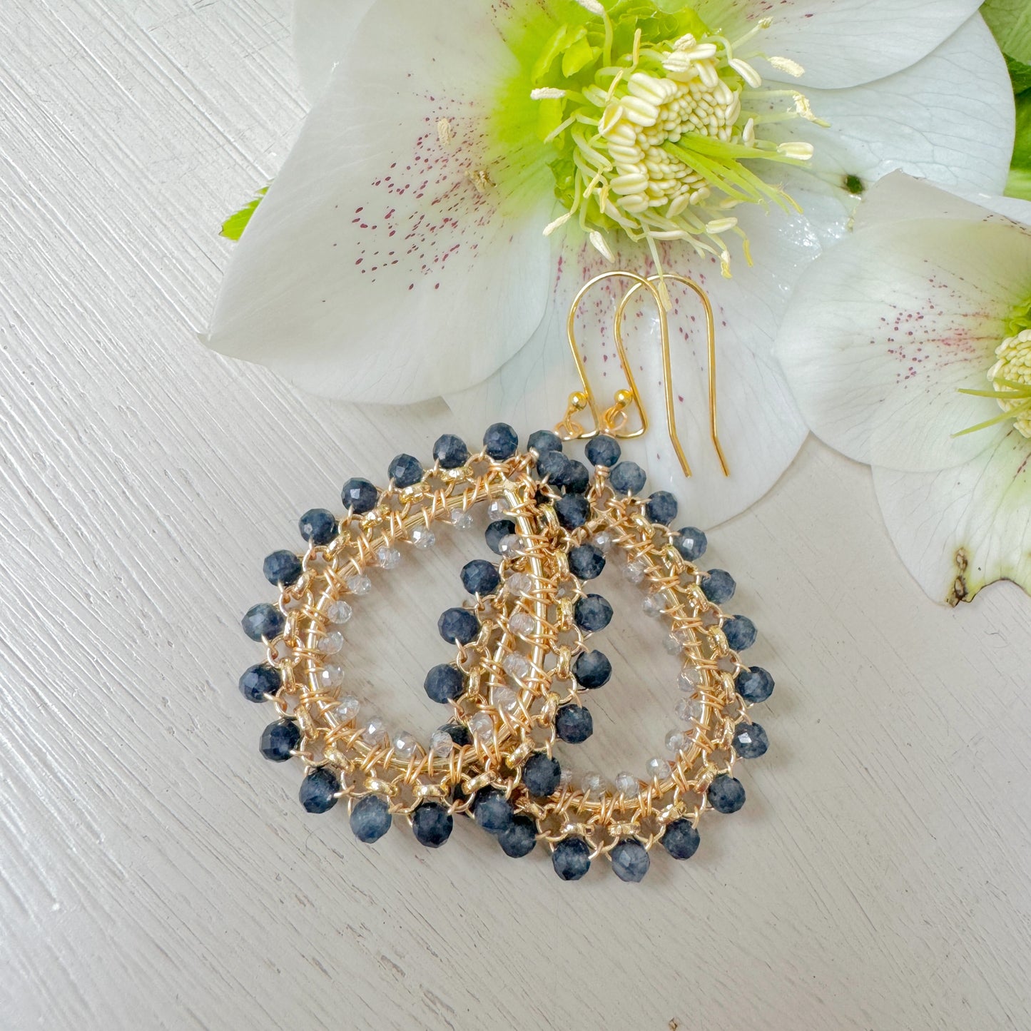 Denim Blue Iolite & Crystal Medium Rolo Peardrop Beaded Earrings