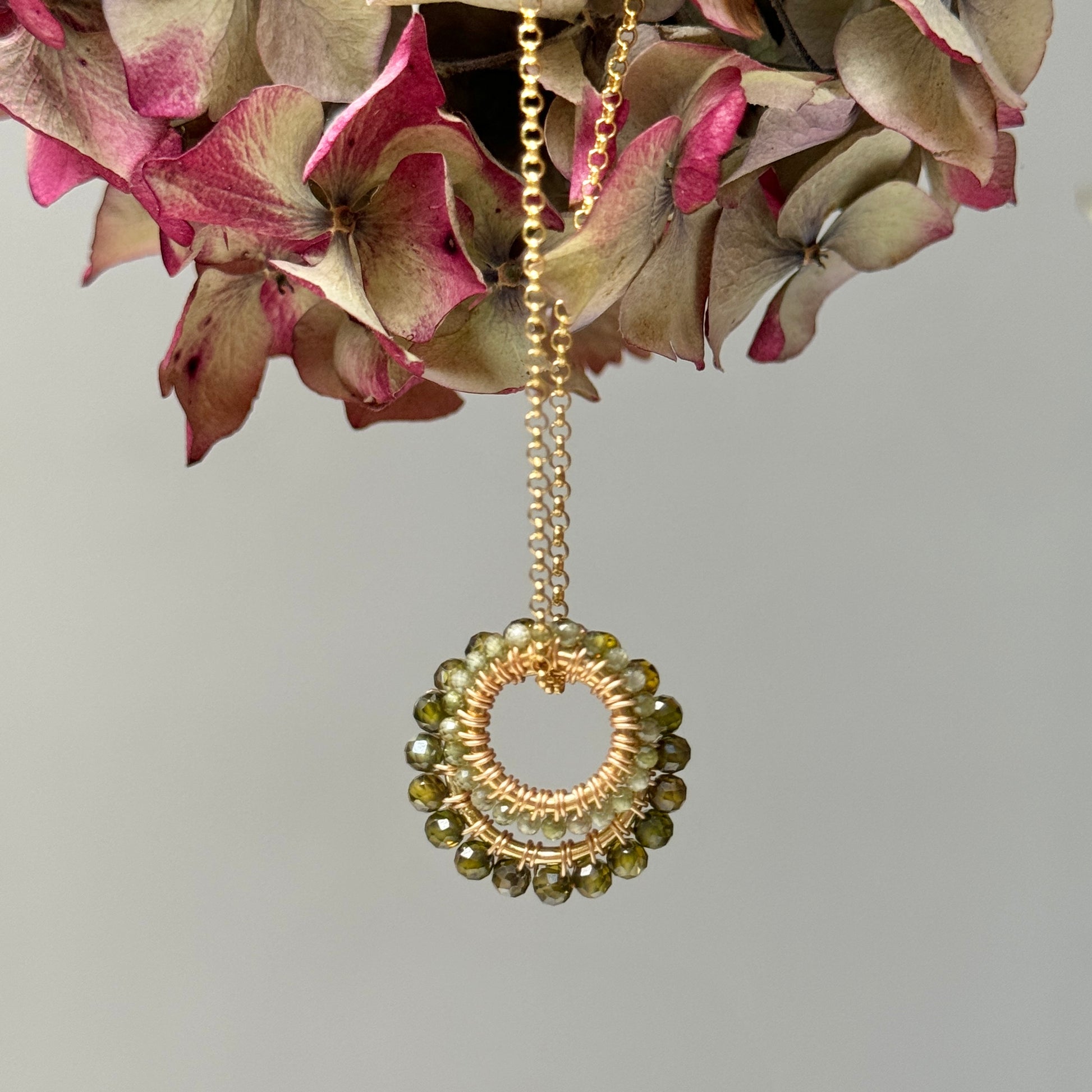 Olive Green Peridot (Midi Bead) Double Pendant Necklace