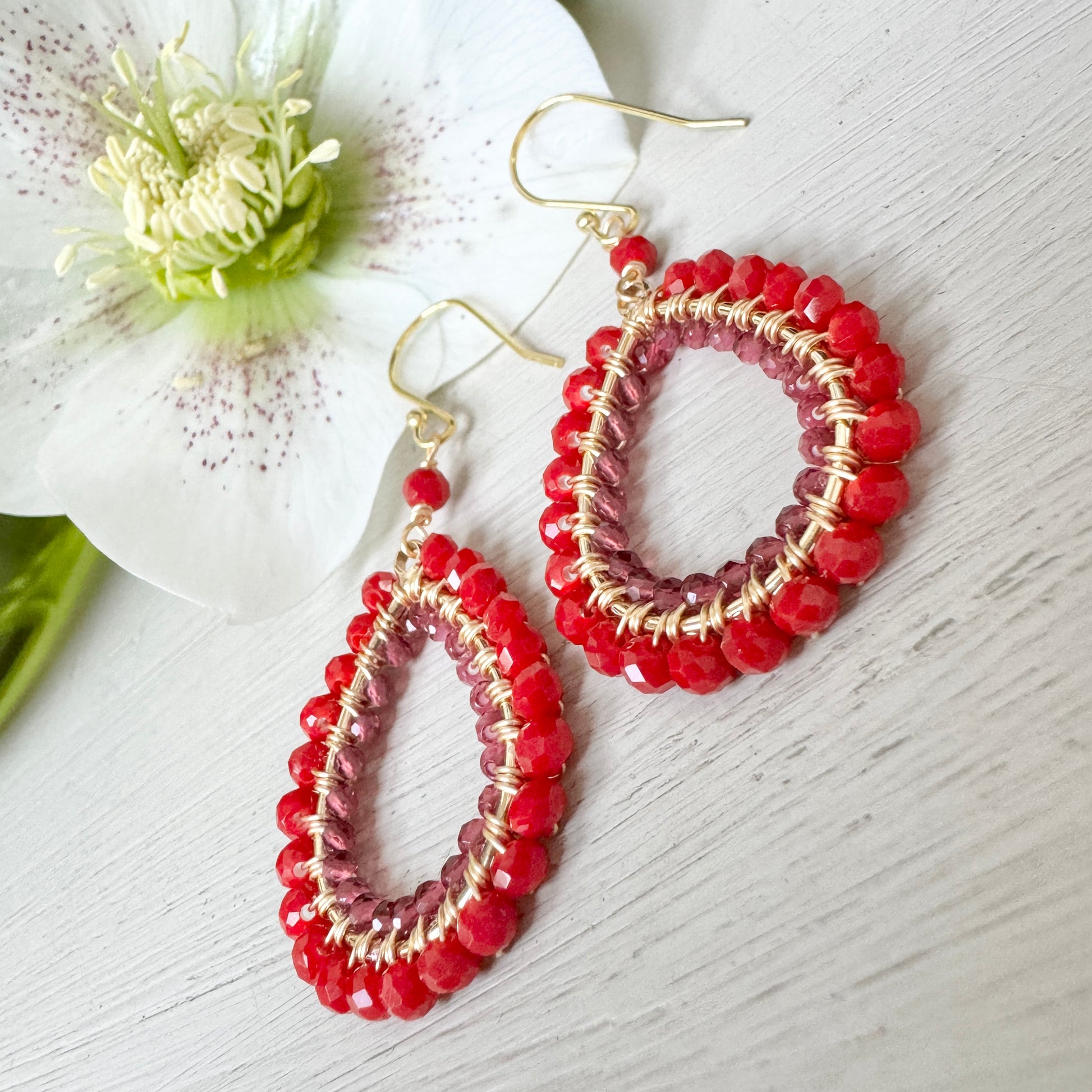 Red Jade & Fuchsia Pink Garnet Double Beaded Peardrop Earrings