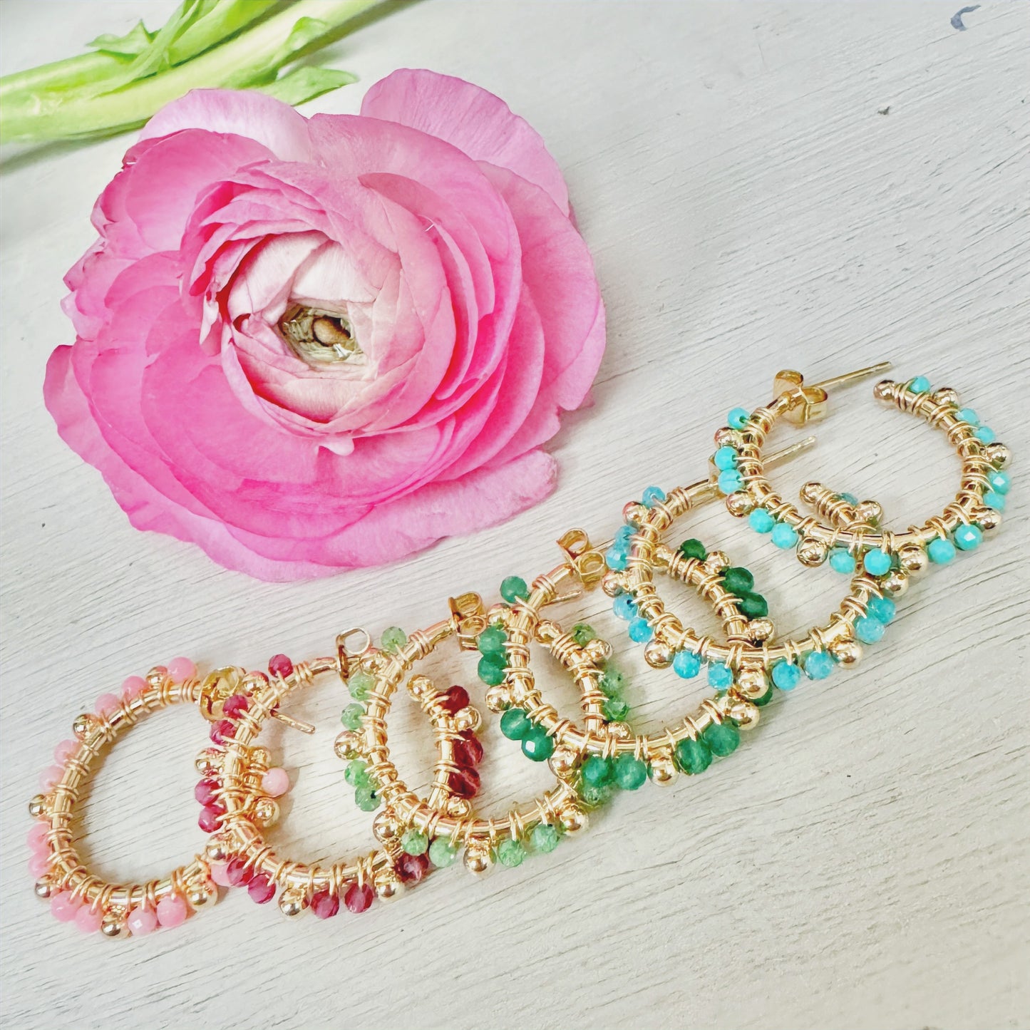 Fuchsia Pink Garnet Mini Bobble Hoop Beaded Earrings
