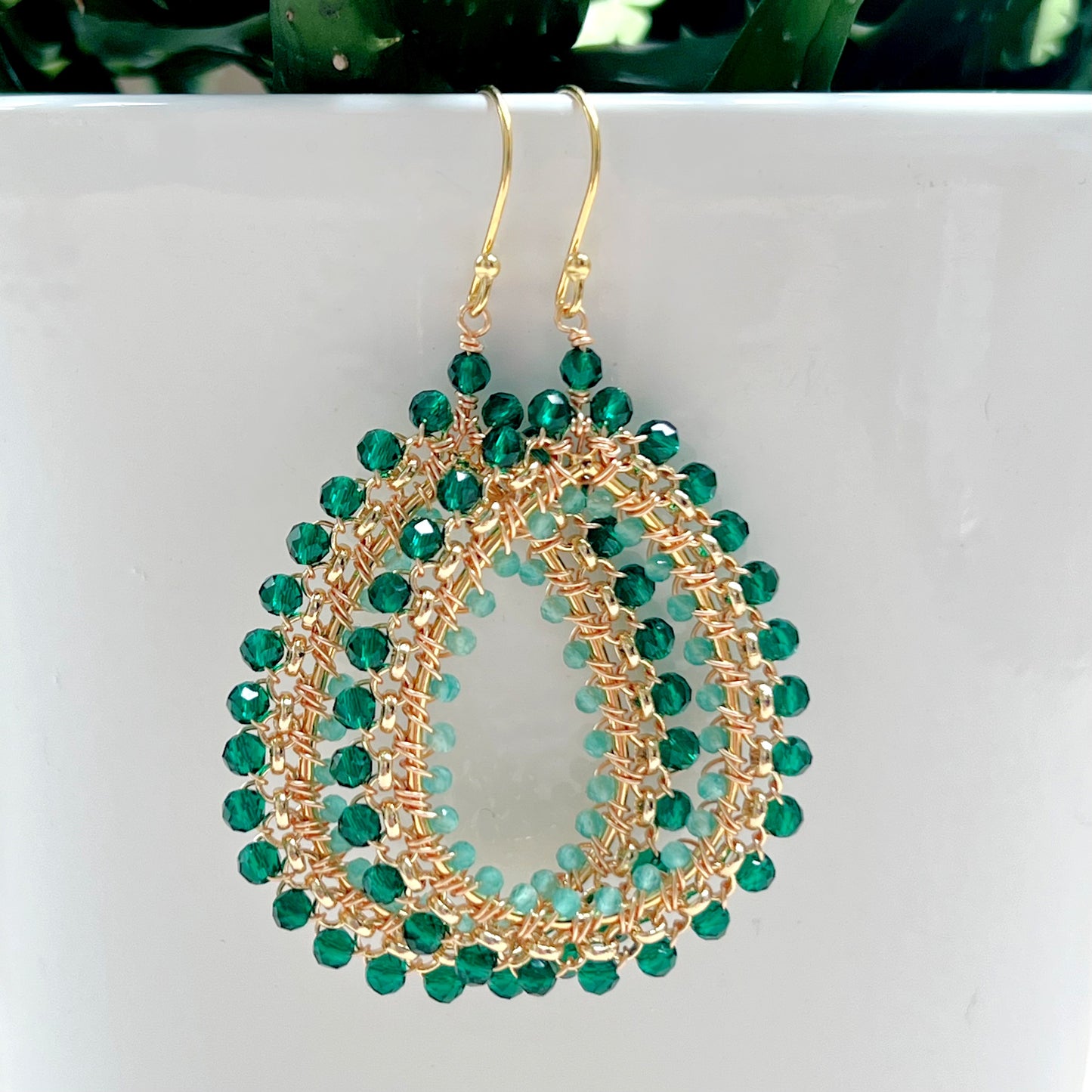 Emerald Green Jade Large Rolo Teardrop Beaded Earrings