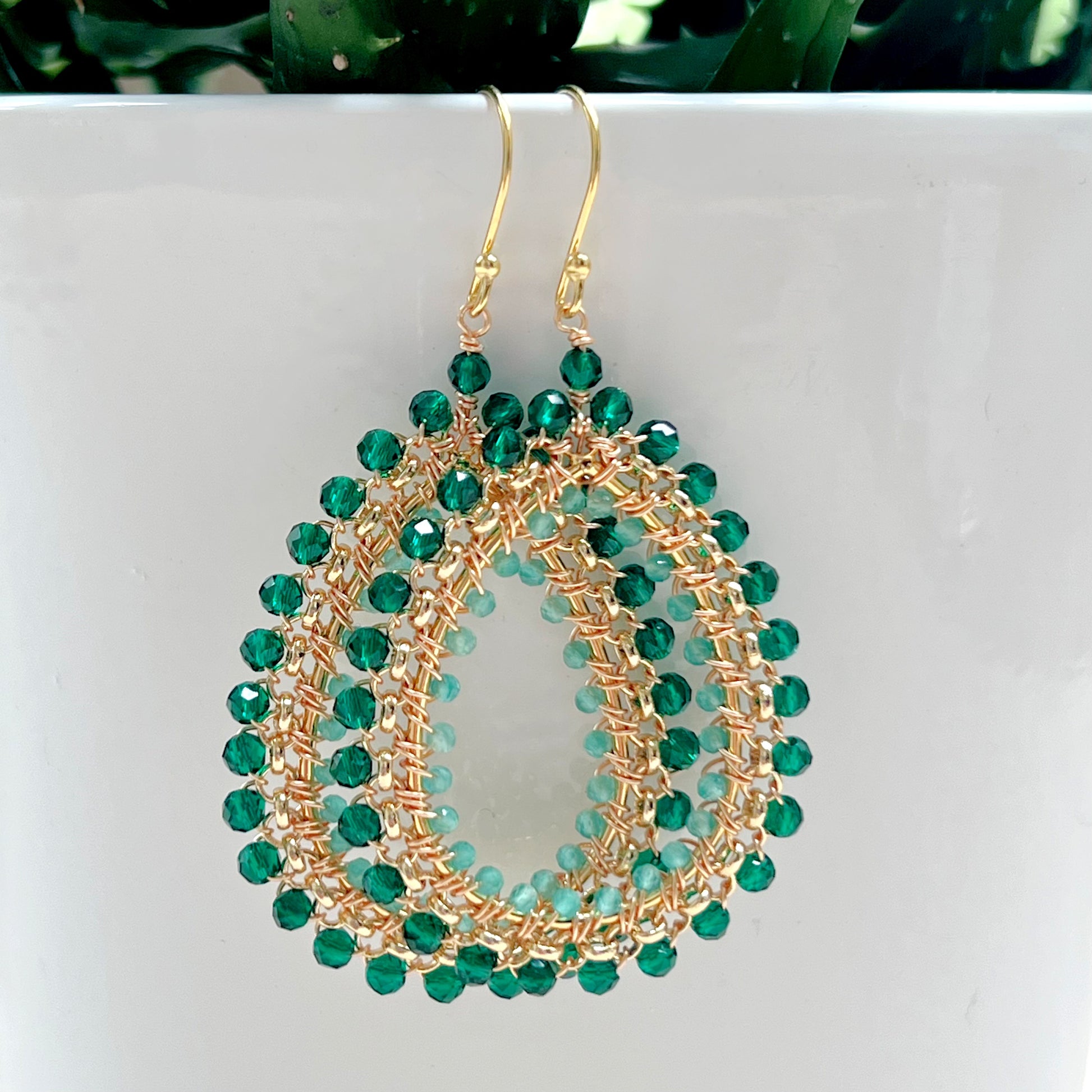 Emerald Green Jade Large Rolo Teardrop Beaded Earrings