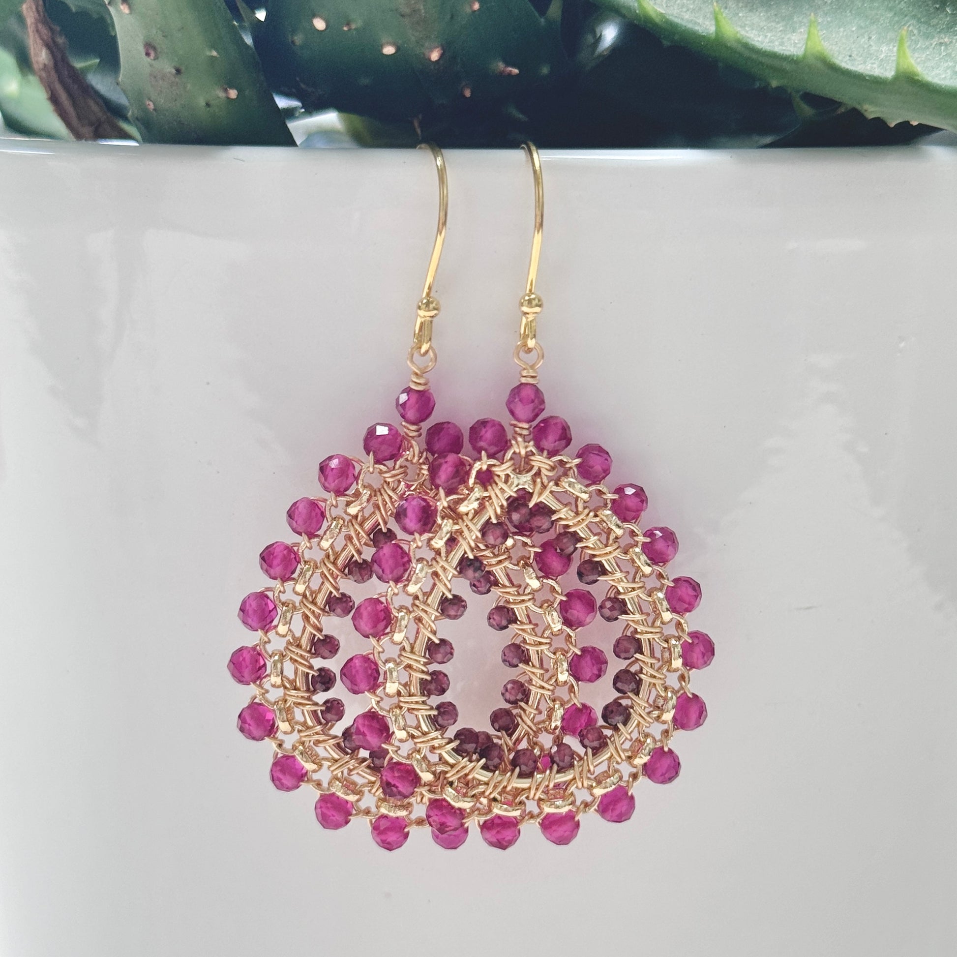 Fuchsia Pink & Burgundy Garnet Medium Rolo Peardrop Beaded Earrings