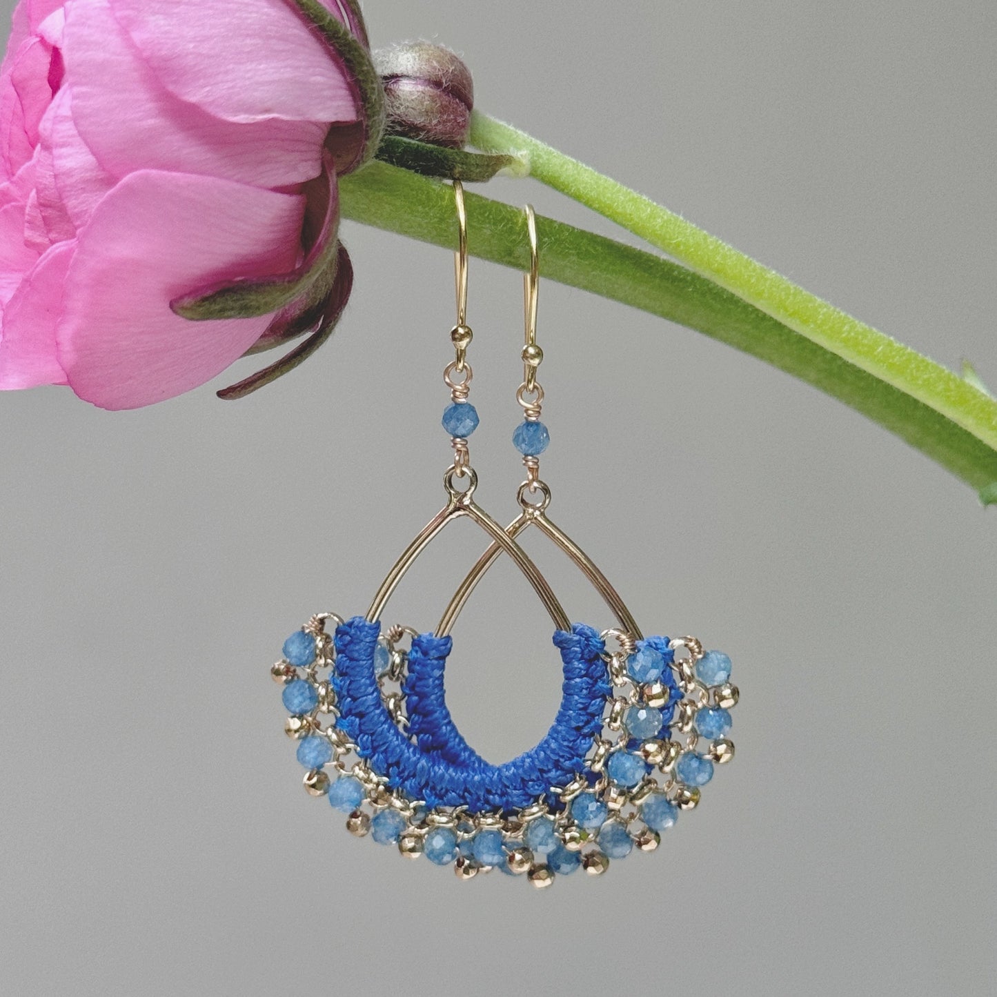 Cornflower Blue Kyanite & Gold Pyrite Boho Wrapped Round Earrings