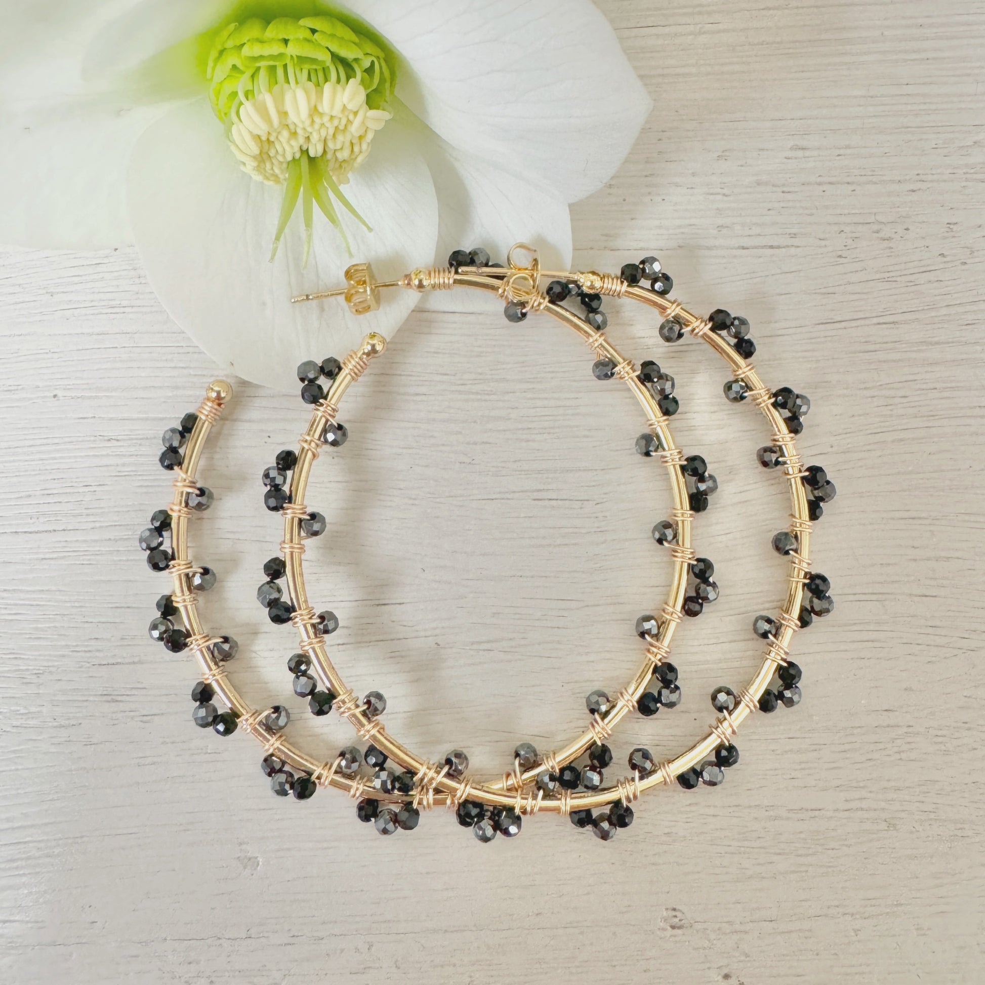 Black Onyx & Charcoal Hematite Swirl Wrapped Maxi Hoops