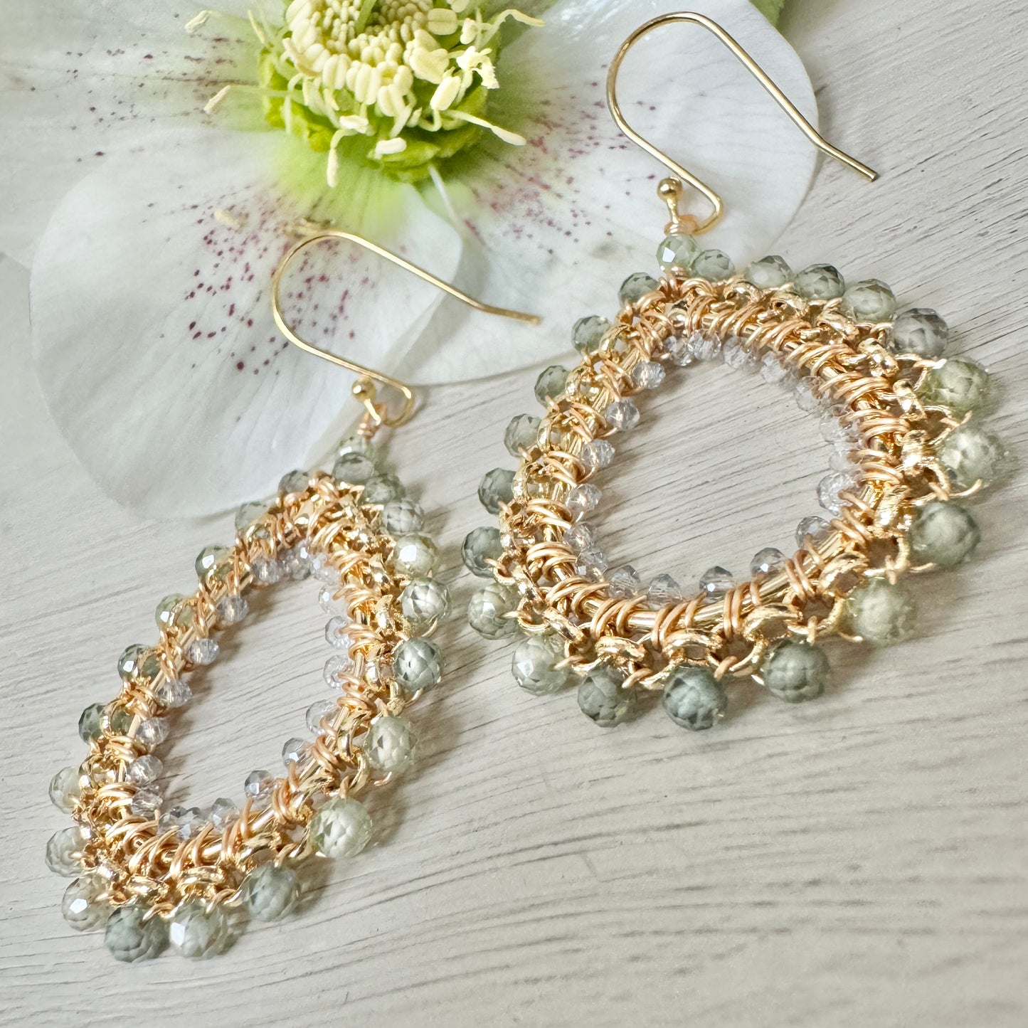 Sage Green Quartz & Crystal Medium Rolo Peardrop Beaded Earrings