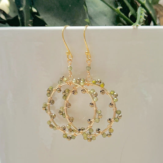 Olive Green Peridot & Bronze Pyrite Wrapped Daisy Round Earrings