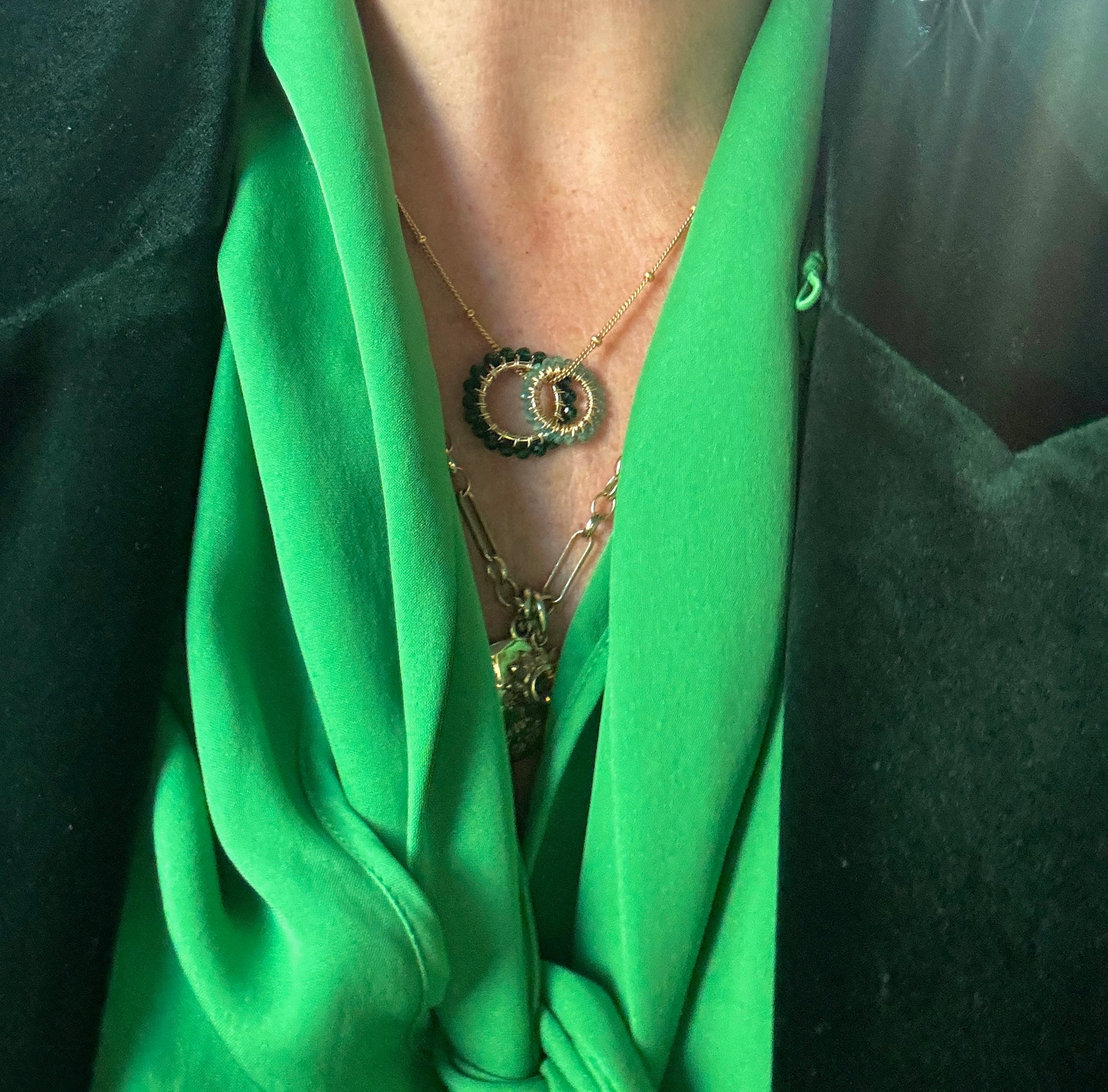 Emerald Green Jade & Mint Jade  (Midi Bead) Double Pendant Necklace