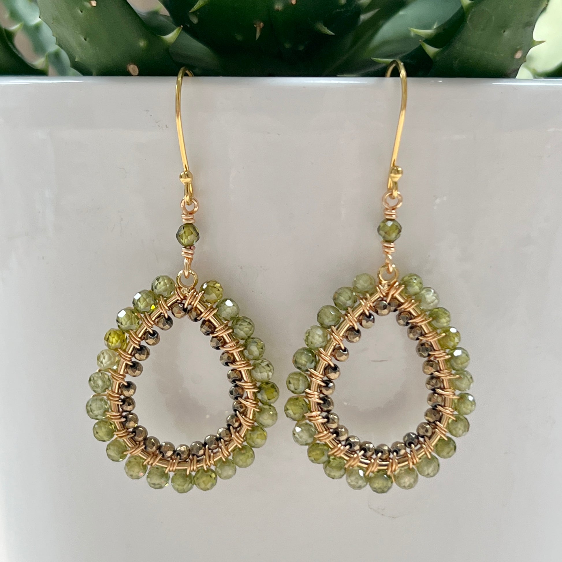 Olive Green Peridot & Bronze Double Beaded Peardrop Earrings