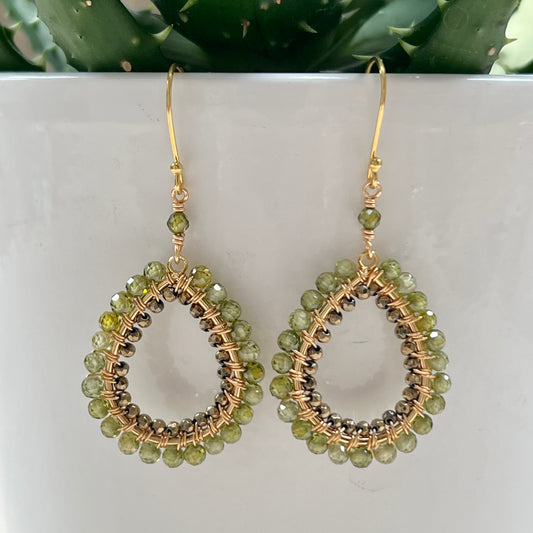 Olive Green Peridot & Bronze Double Beaded Peardrop Earrings