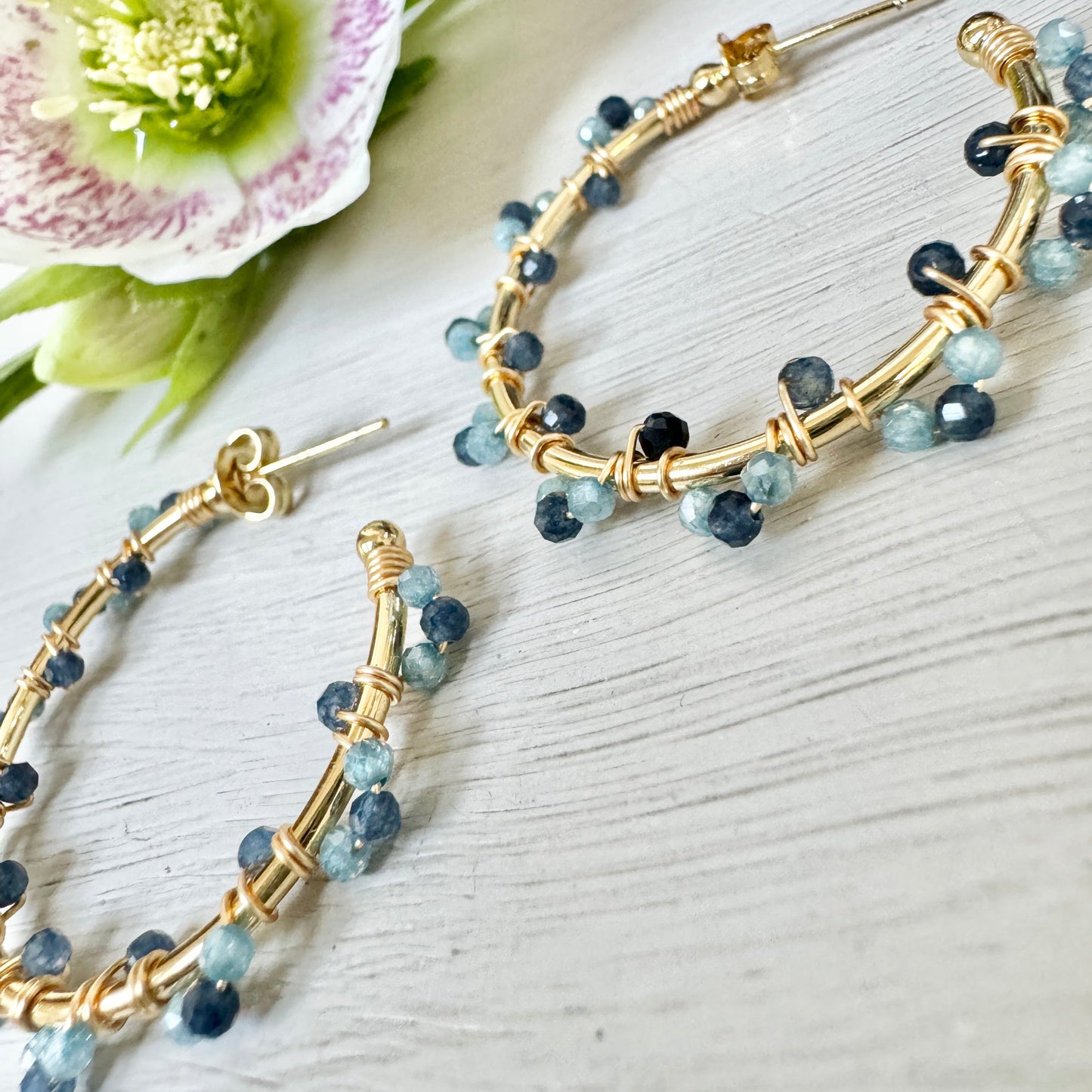 Denim Blue Iolite & Powder Blue Kyanite Swirl Midi Hoop Beaded Earrings